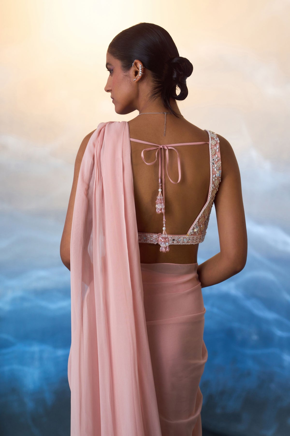 Dusty Peach Drape Saree Set