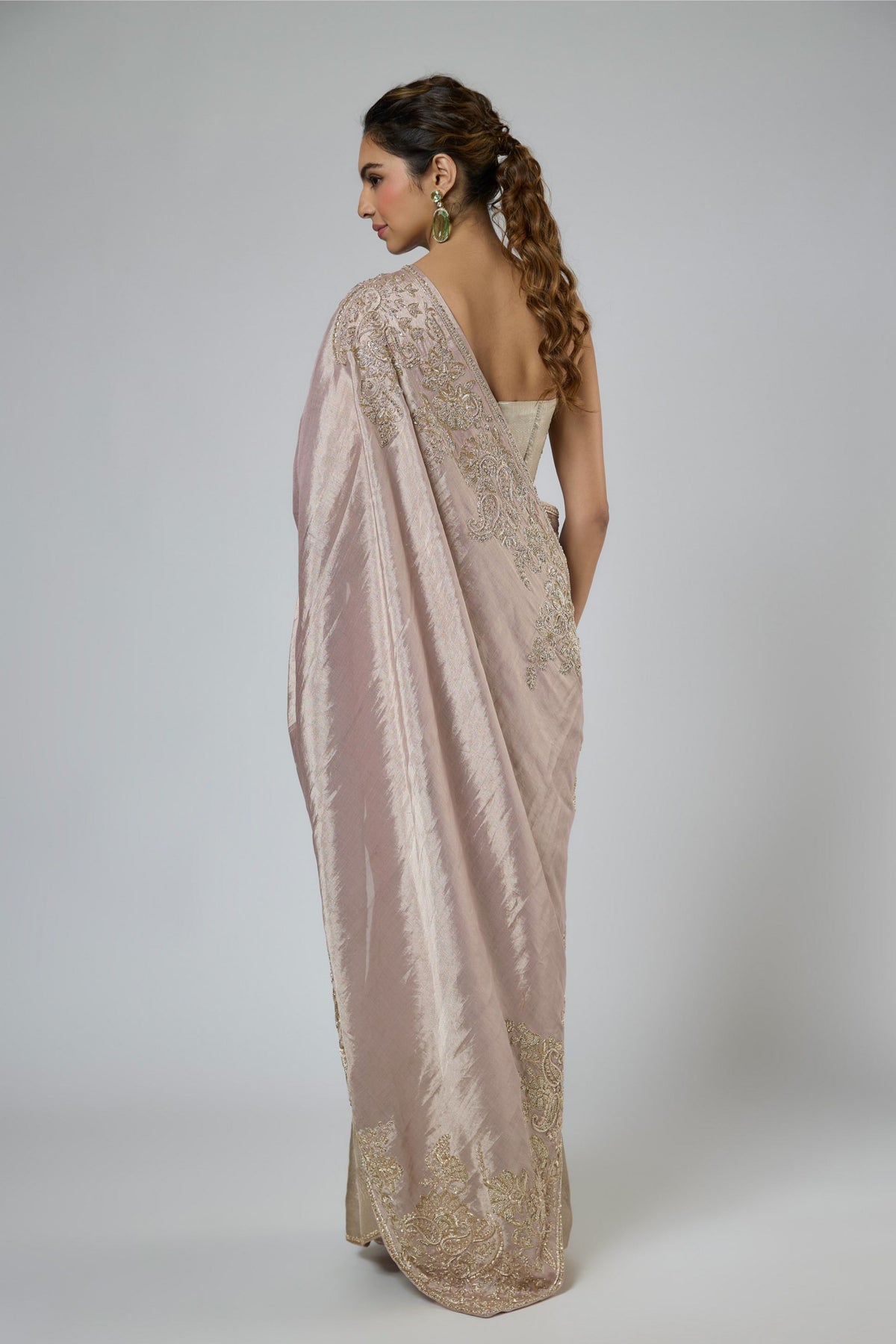 Pink Silver Draped Saree Set