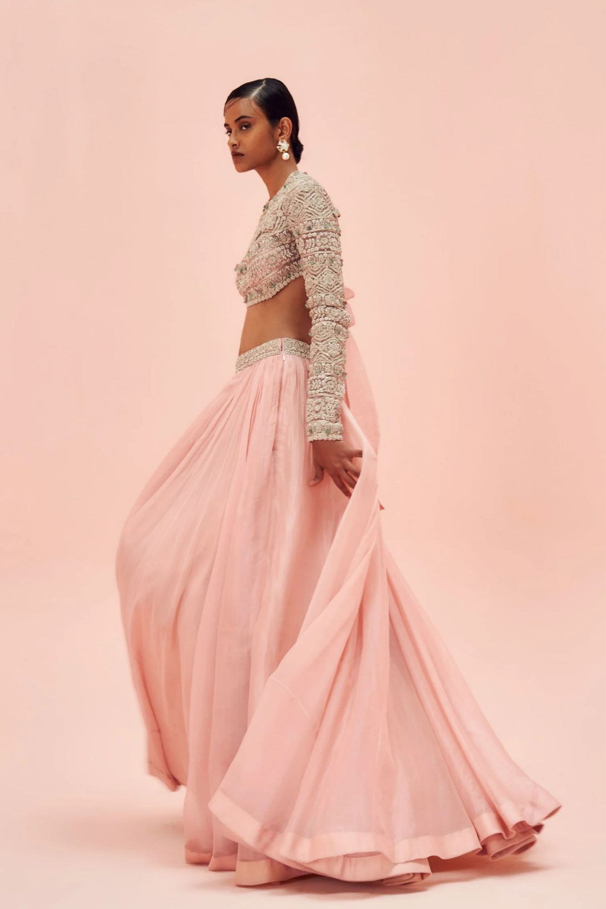 Blush Pink Floral Embroidered Blouse Set