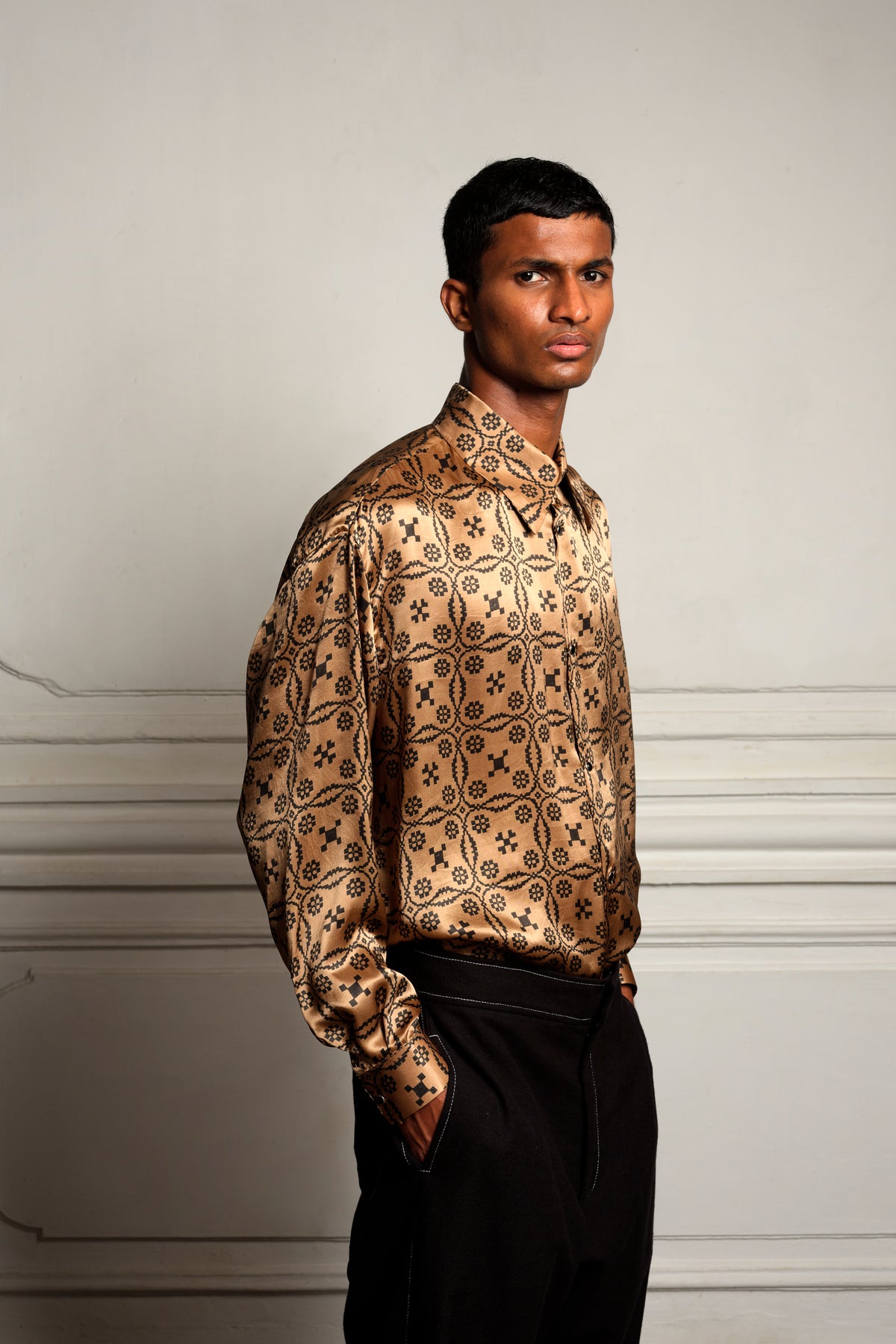 Hand block printed silk shirt