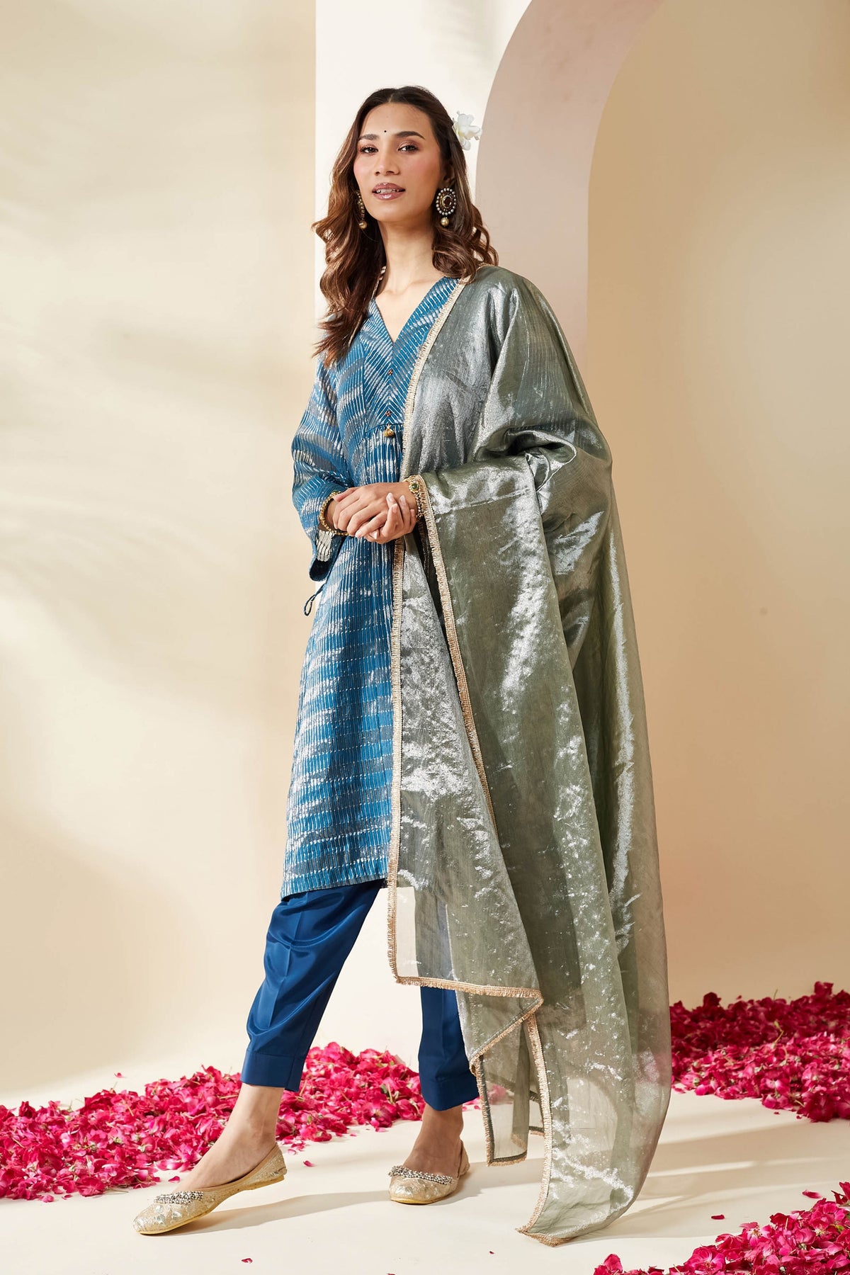 Blue Zari Stripe Kurta Set