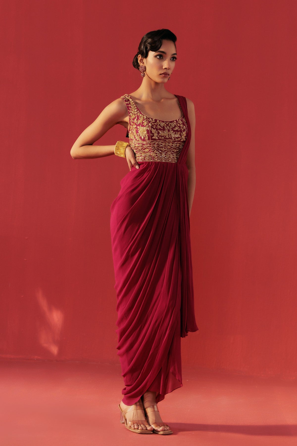 Magenta Draped Saree Set