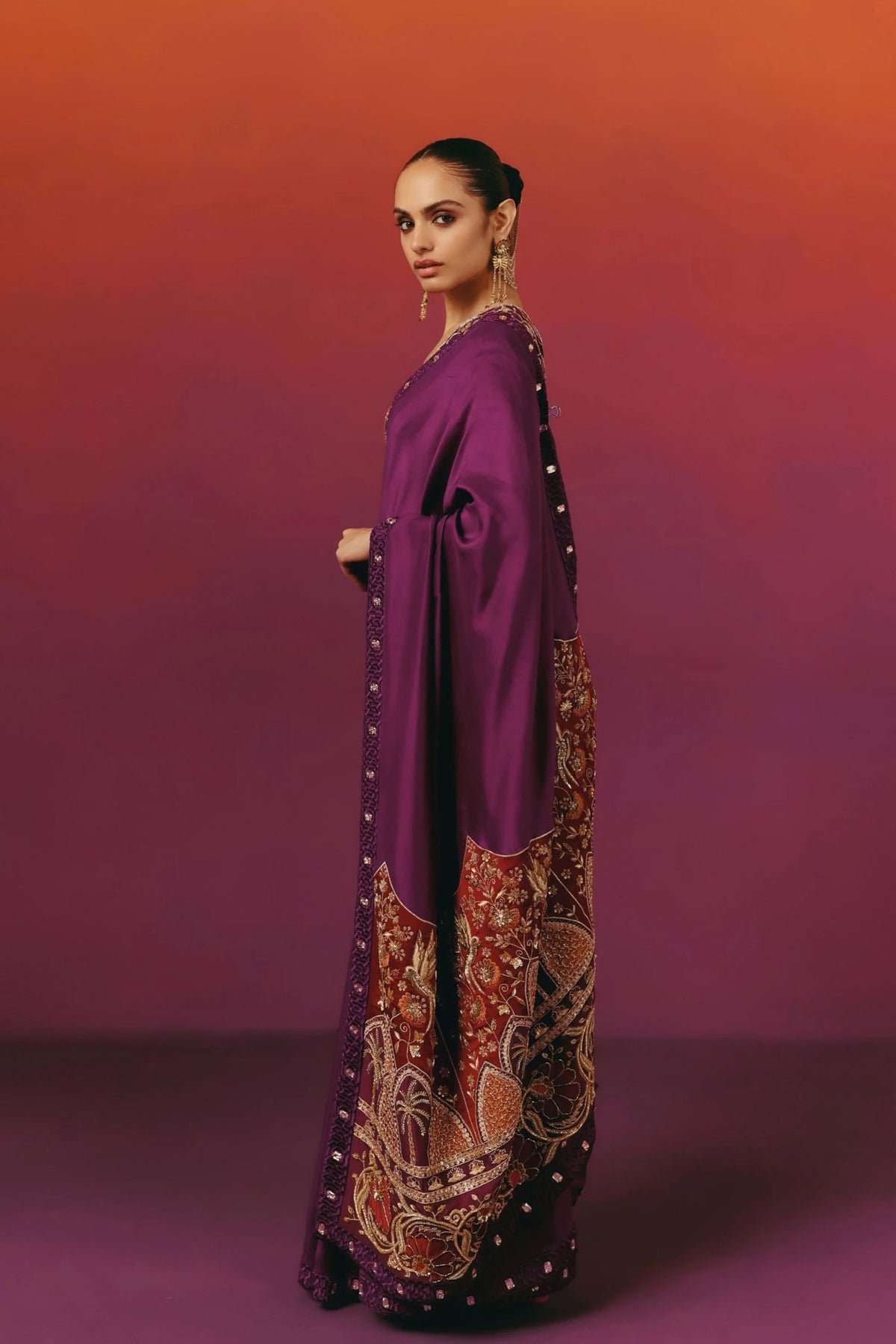 Embroidered Purple Saree Set