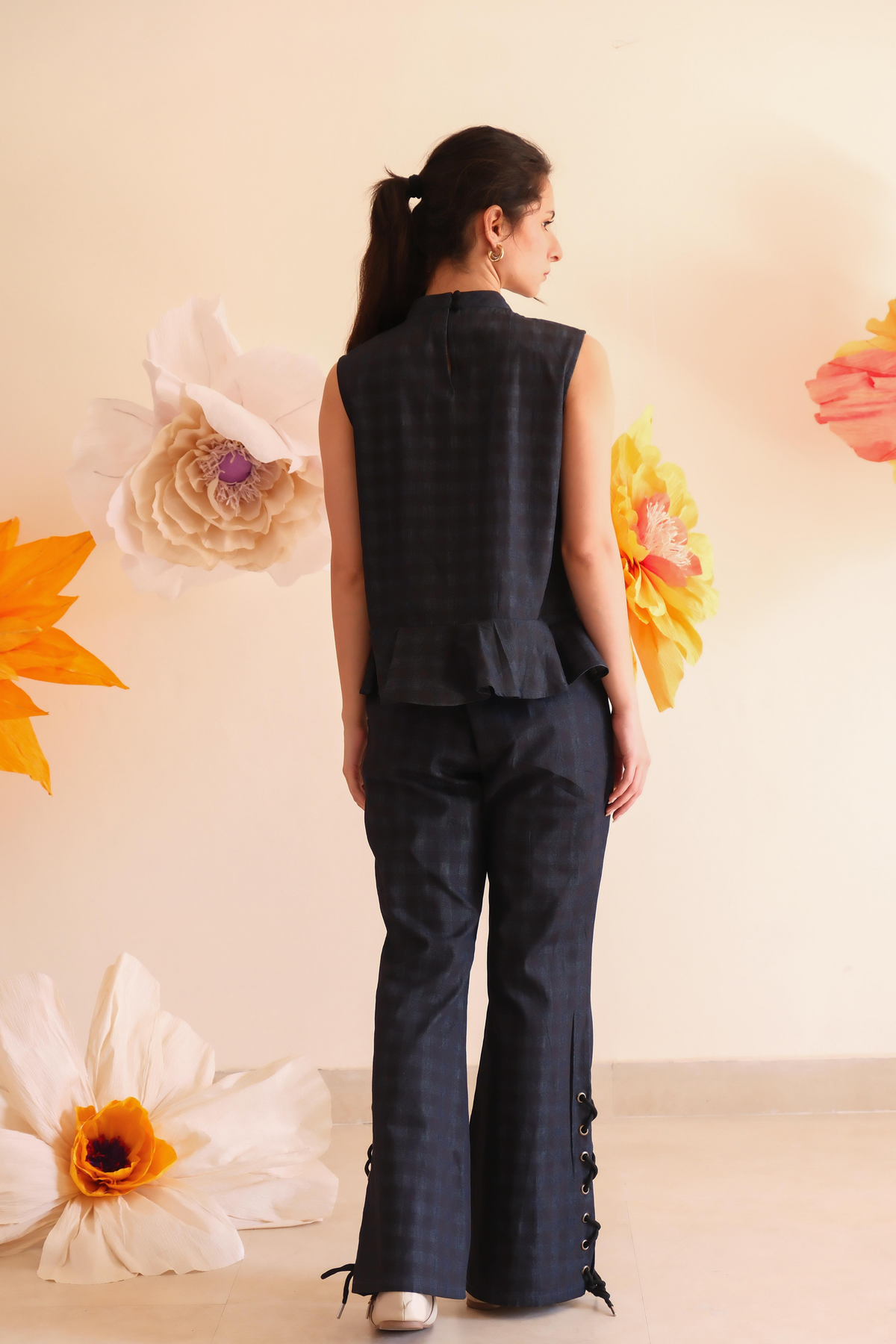 Midnight Blue Floral Checkered Top