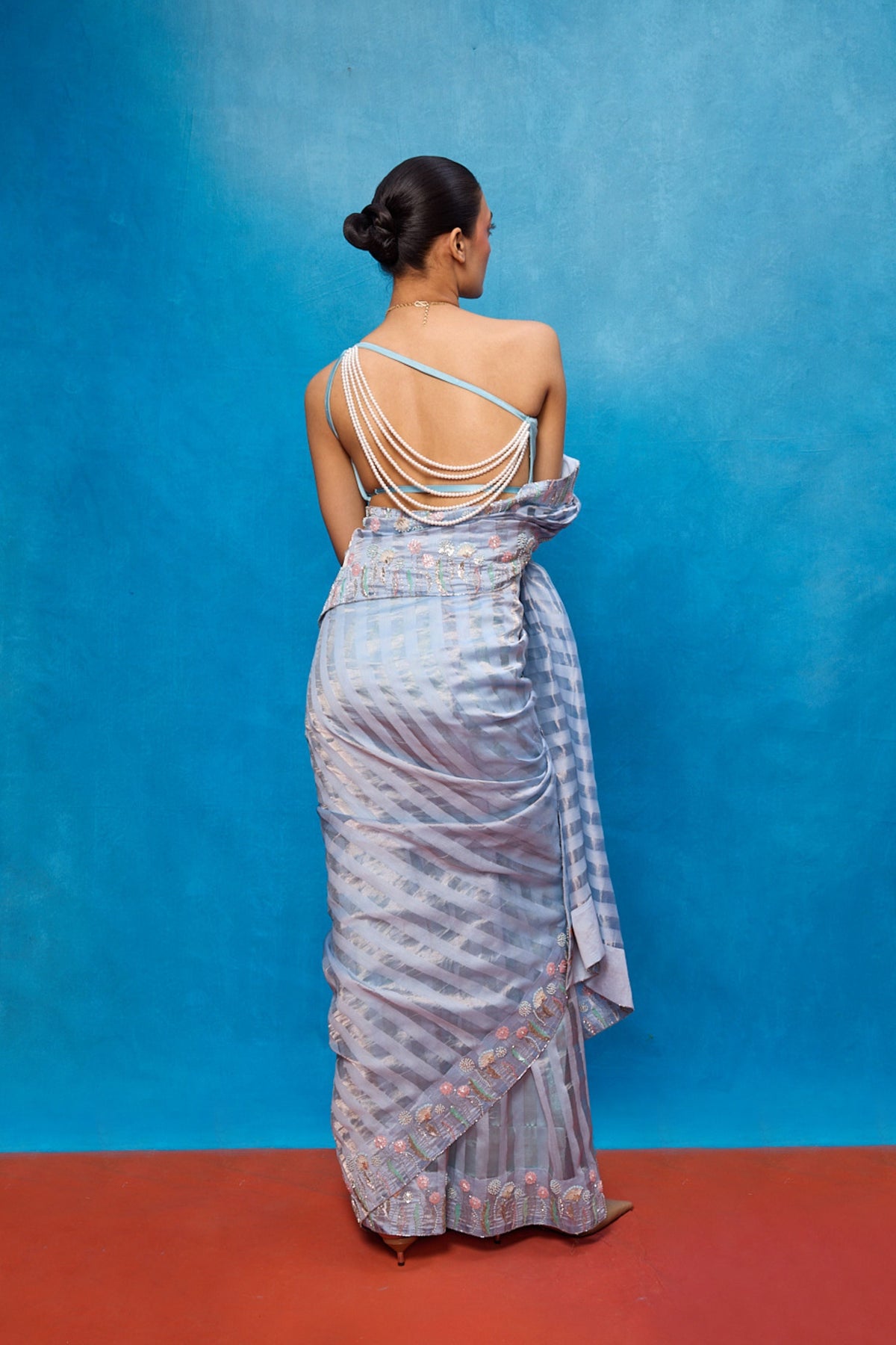 Handwoven Ice Blue Tissue Embroidered Saree