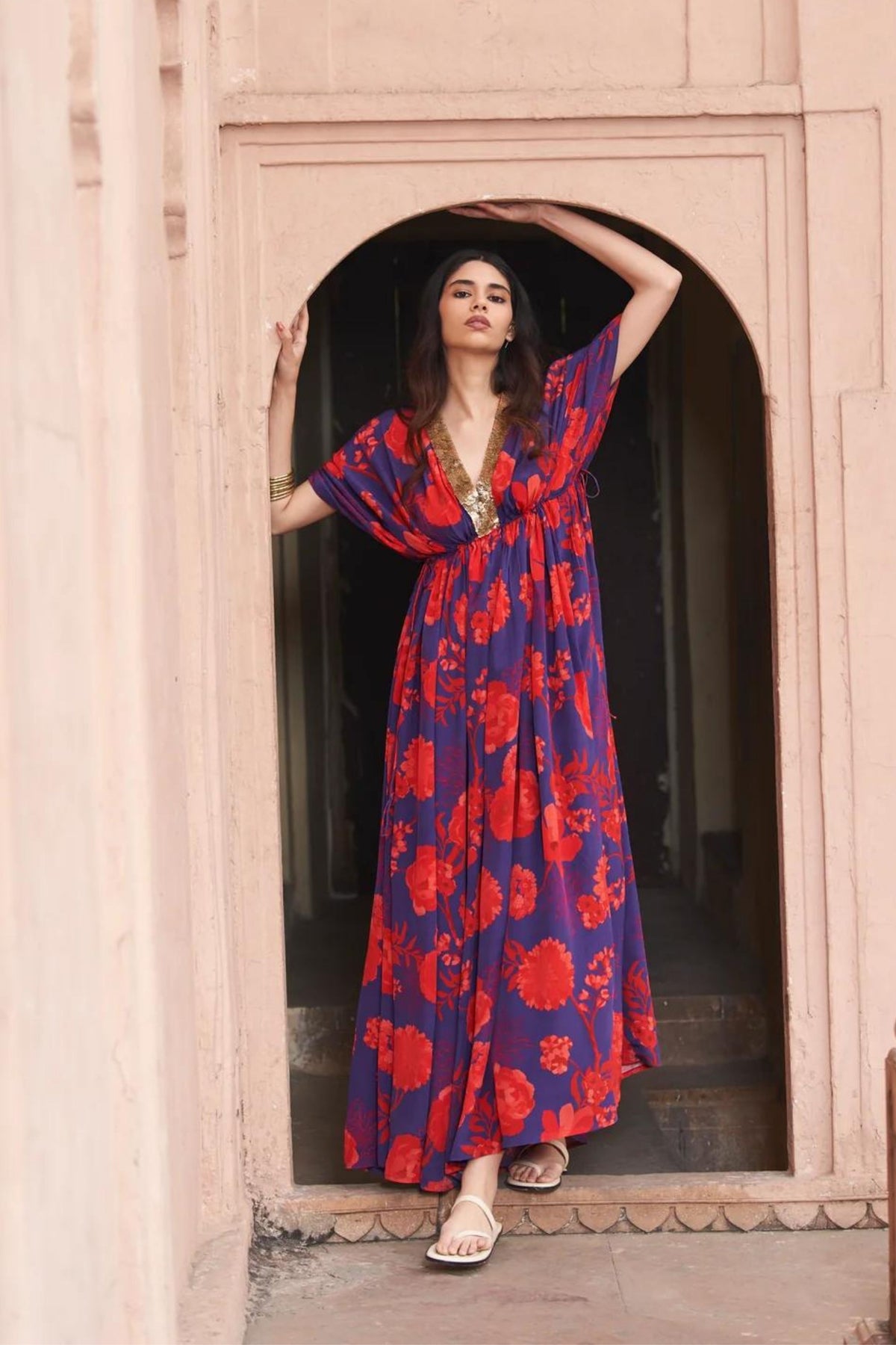 Red &amp; Blue Sequin Neck Kaftan