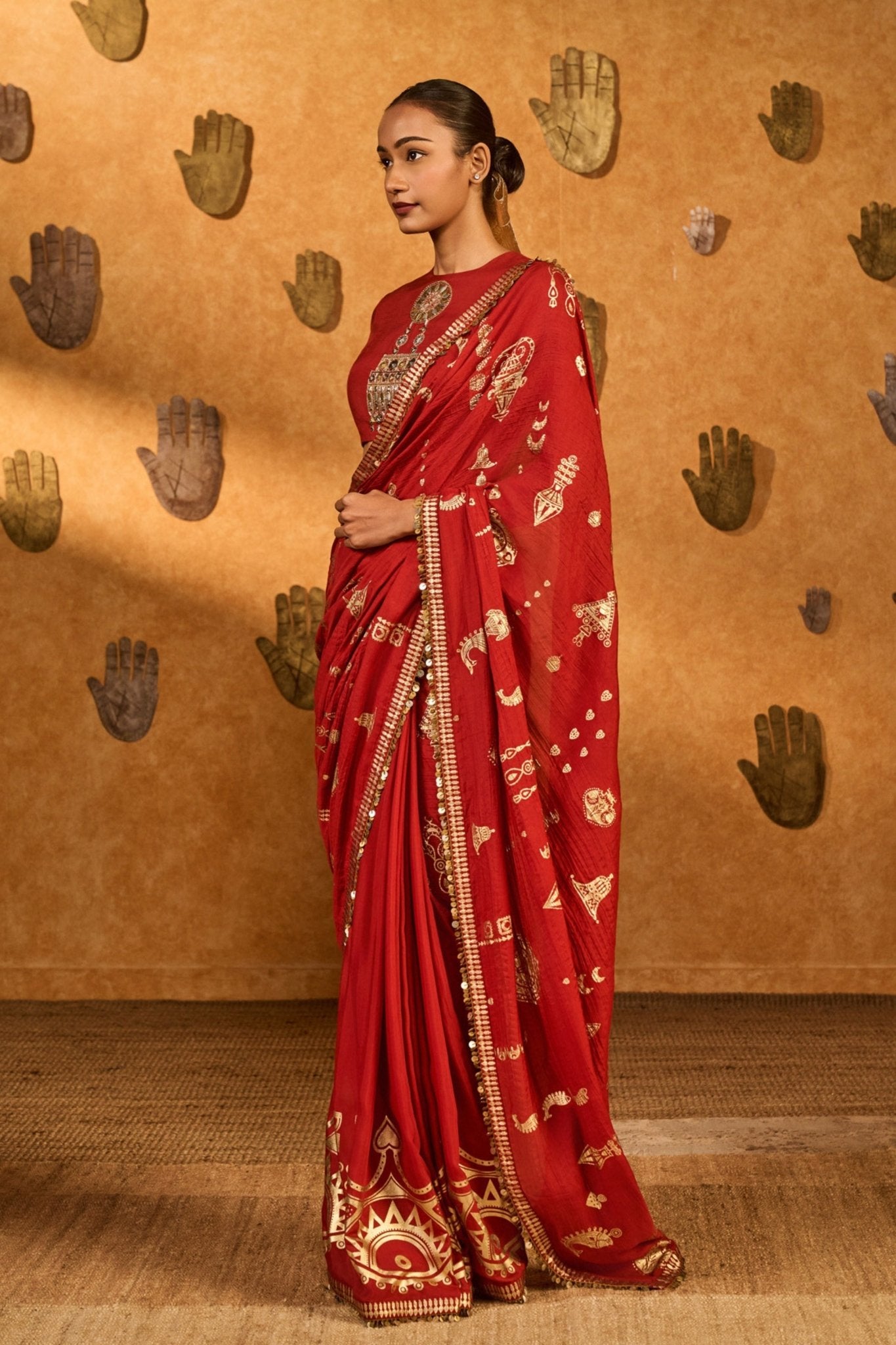 Red Crushed Folkstone Saree - Masaba - Elahe