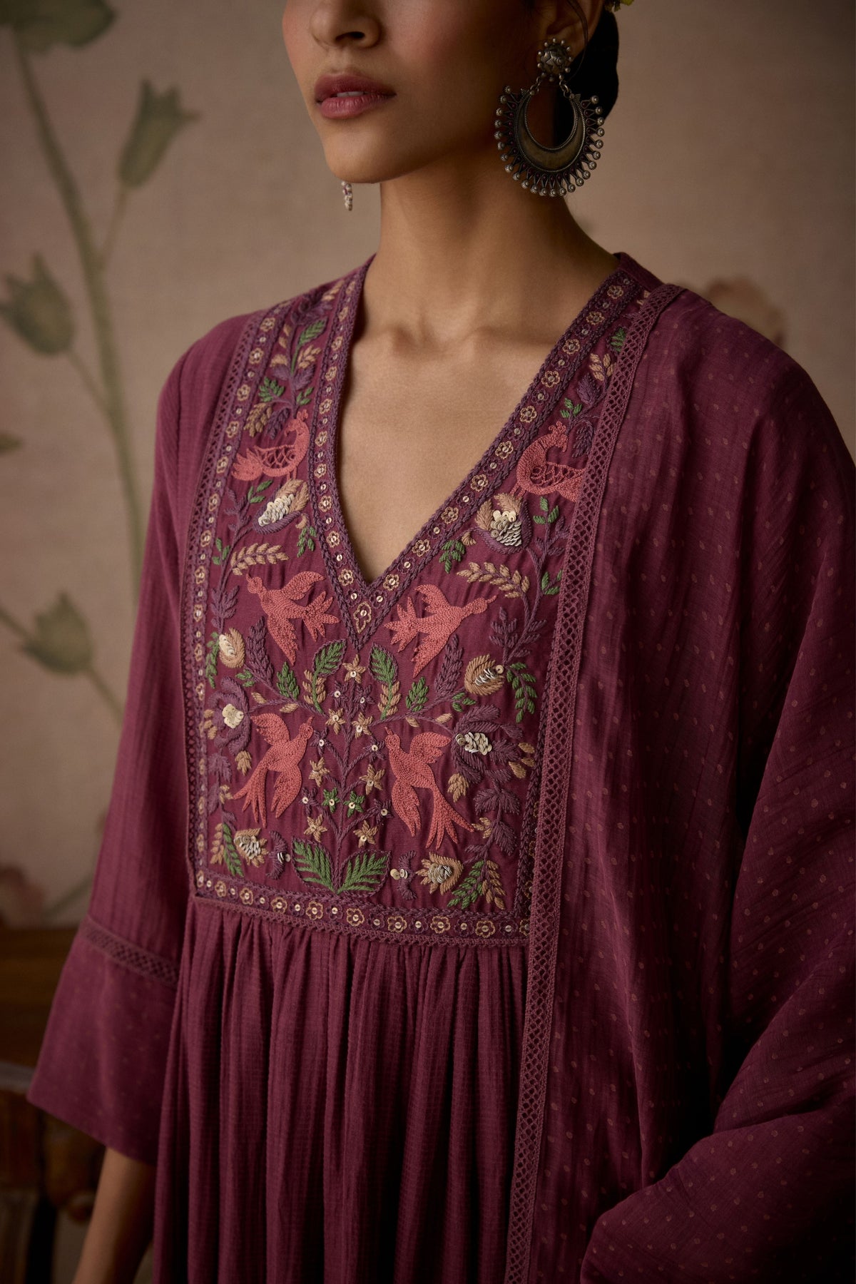 Wine Embroidered A-line Kurta Set
