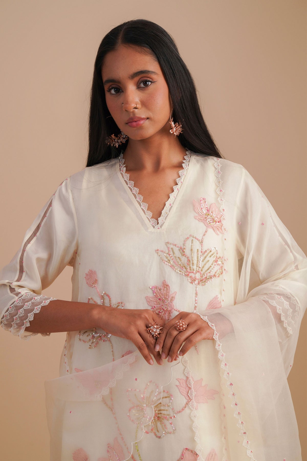 Ecru Silk Organza Dupatta