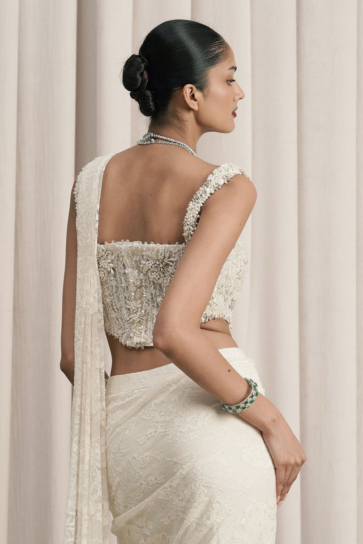 Ivory Chantilly Lace Draped Saree  Set