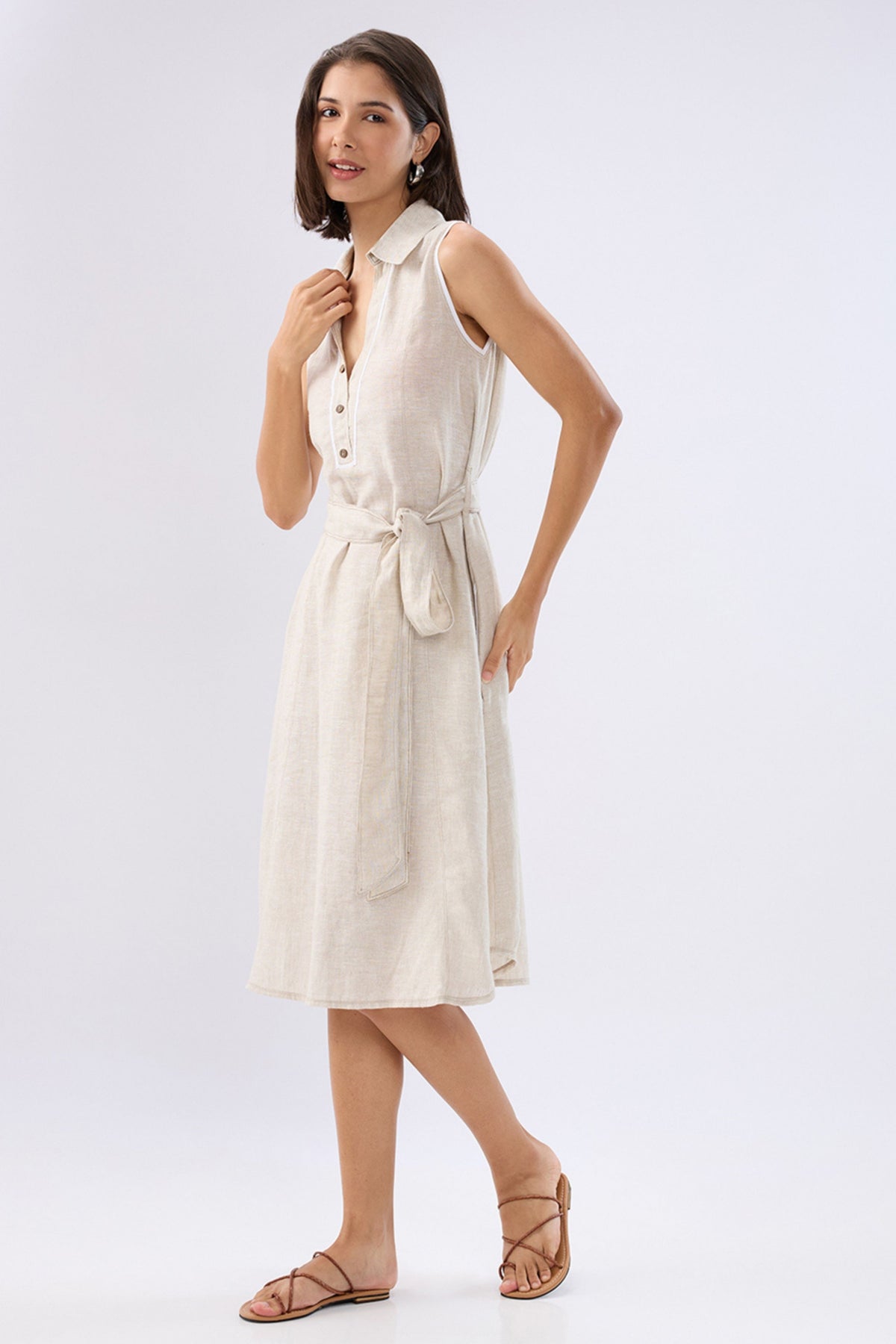 Beige A-line Tie-up Dress