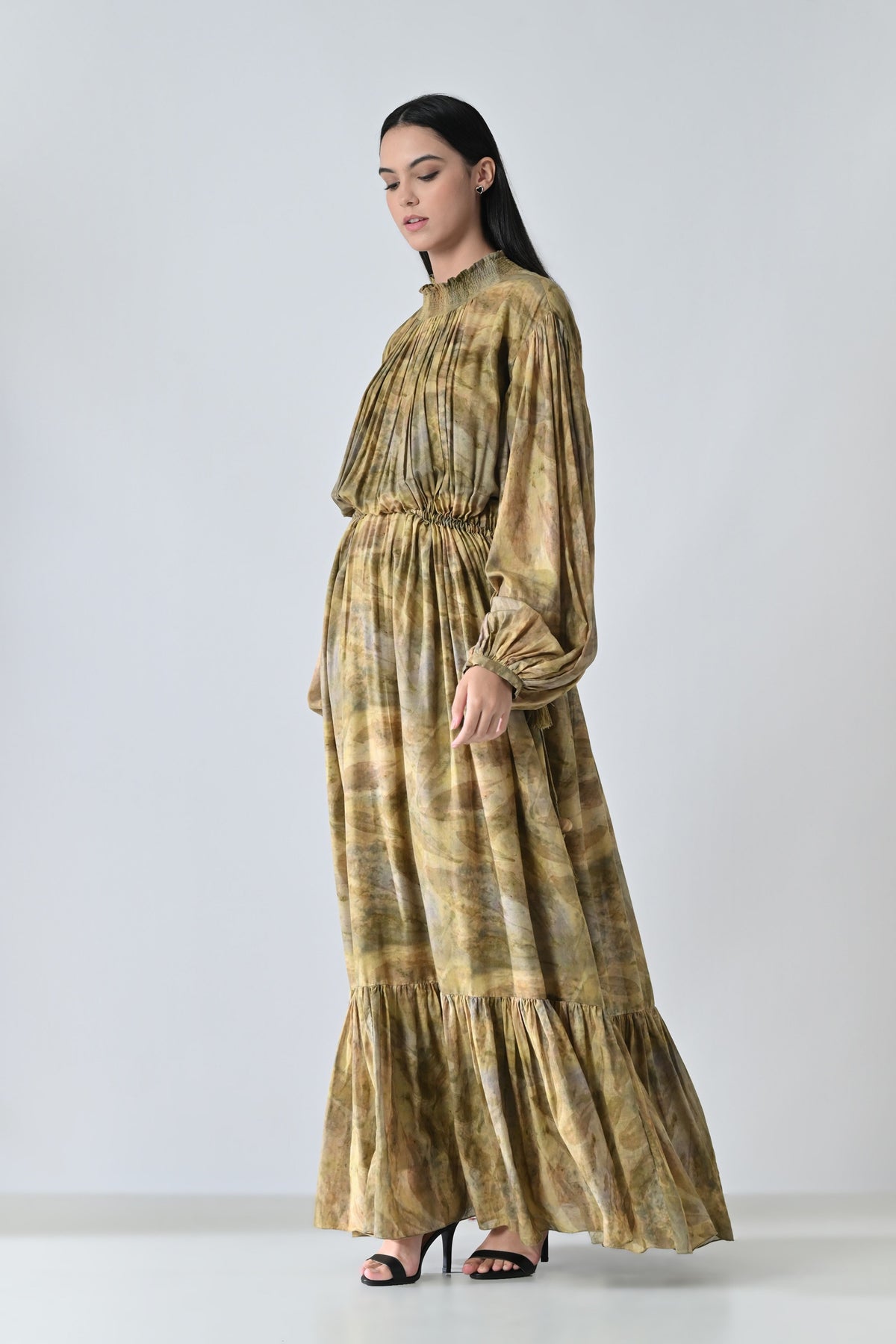 Olive Dye Printed Long Dress