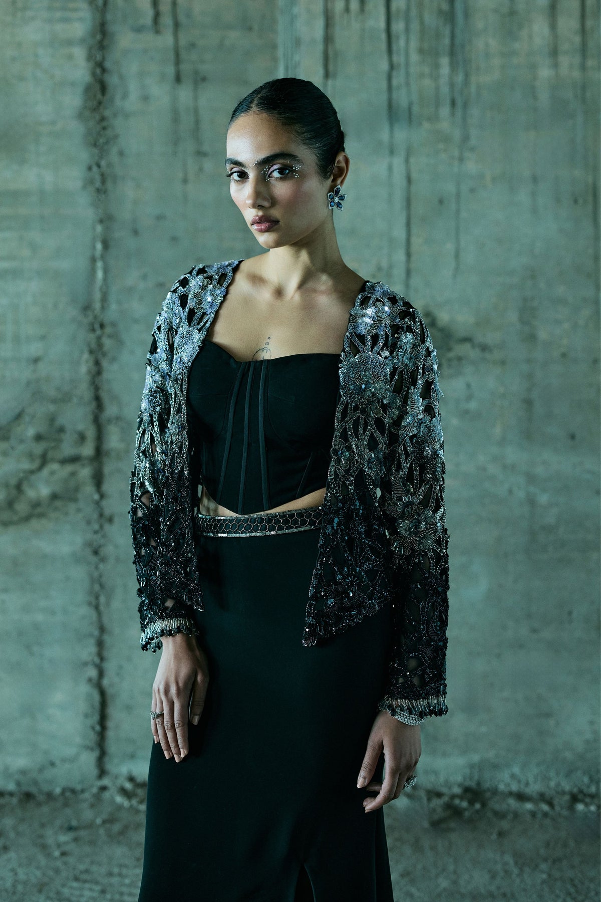 Black Shaded-Cutwork Jacket Set