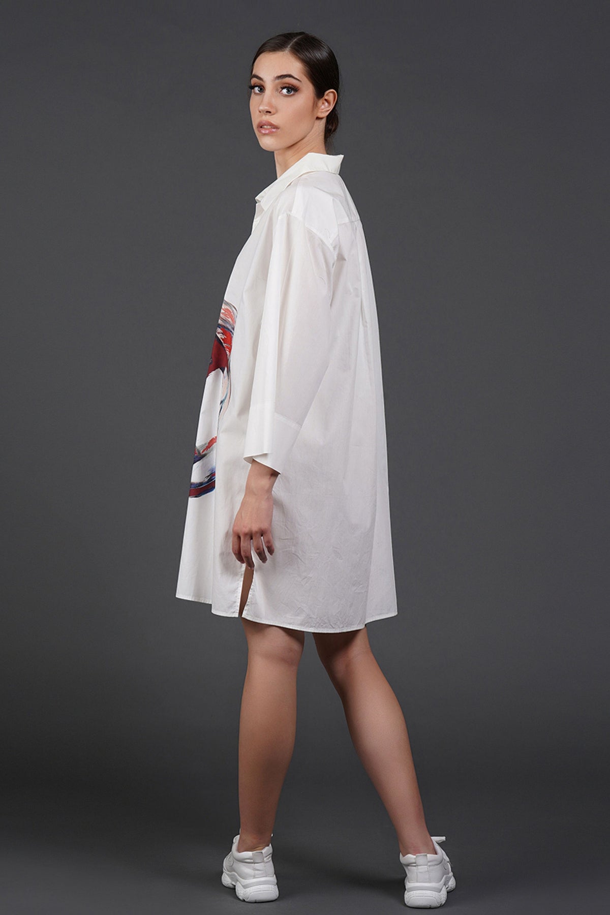 White Collar Digtal Print Dress