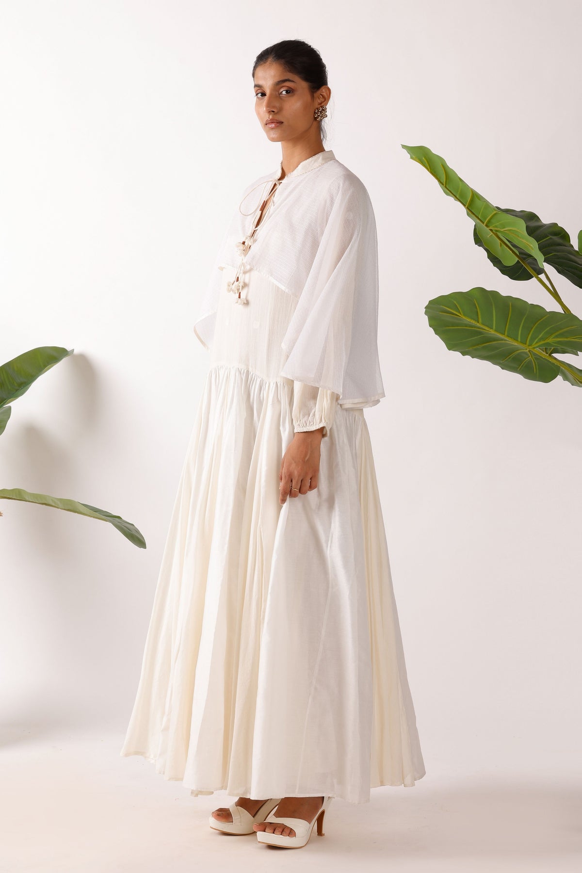 Cream Jamdani Godet Cape Dress