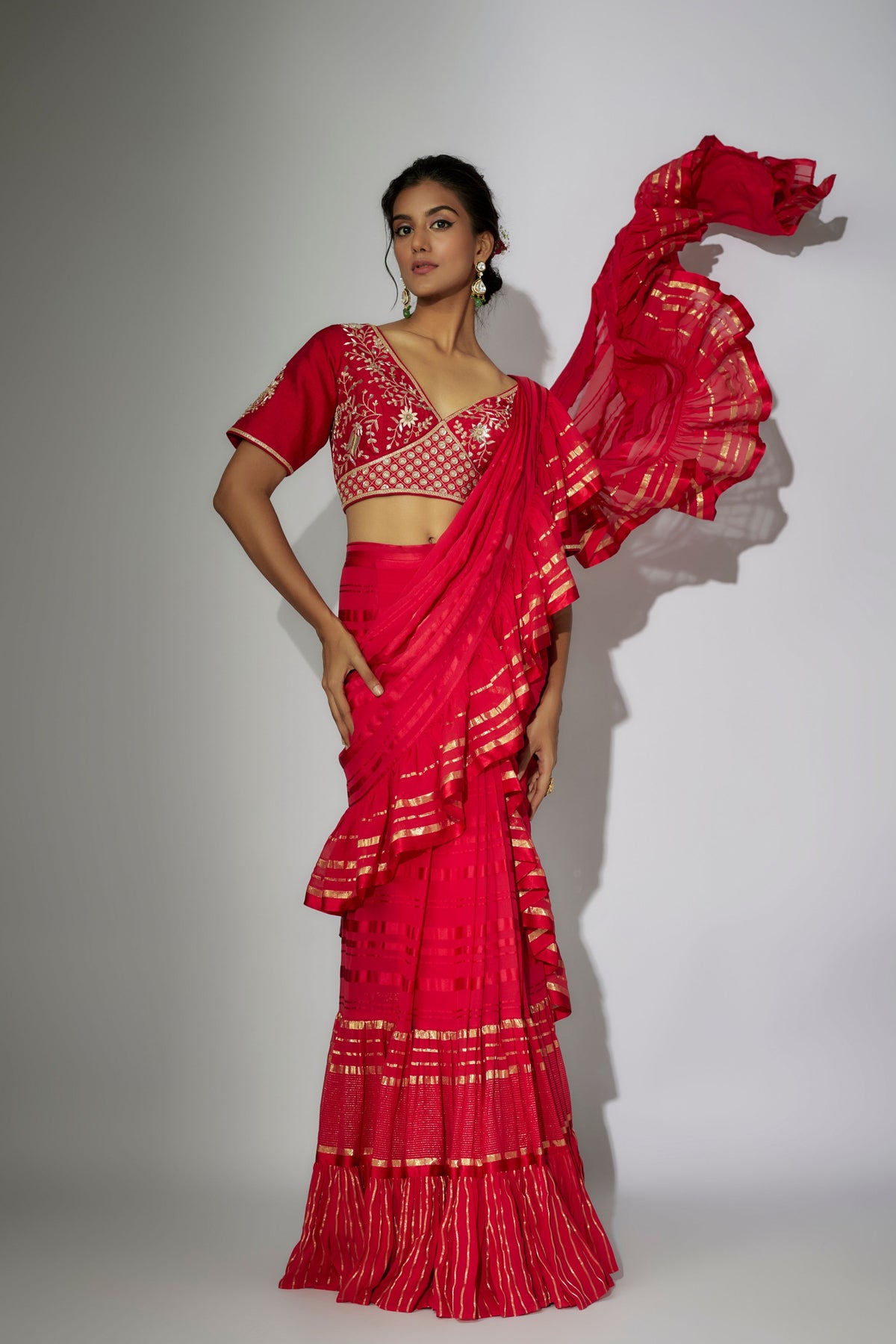 Cherry Red Pre-stitched Saree Set