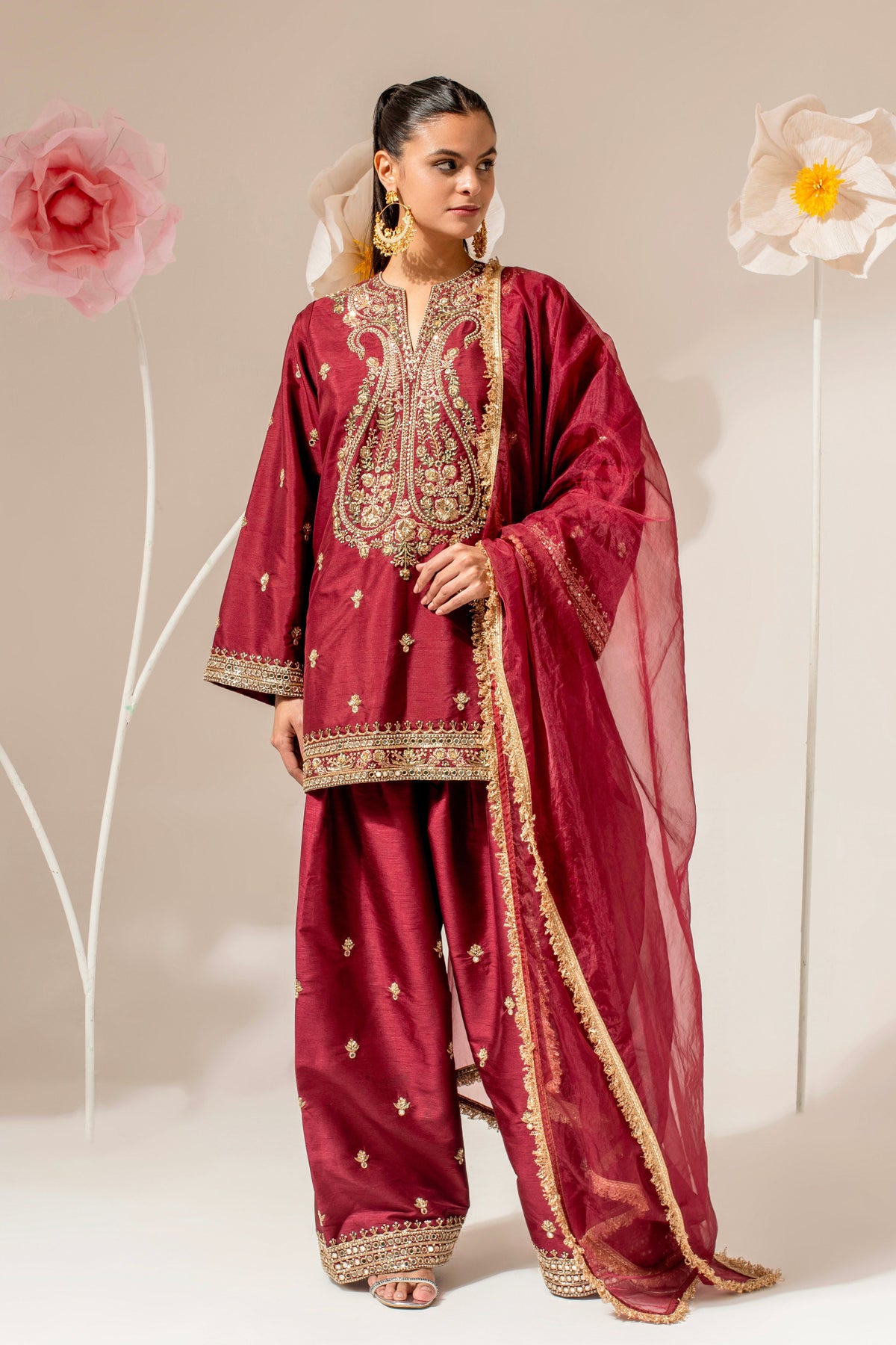 Maroon Silk Embroidered Paisley Kurta Set