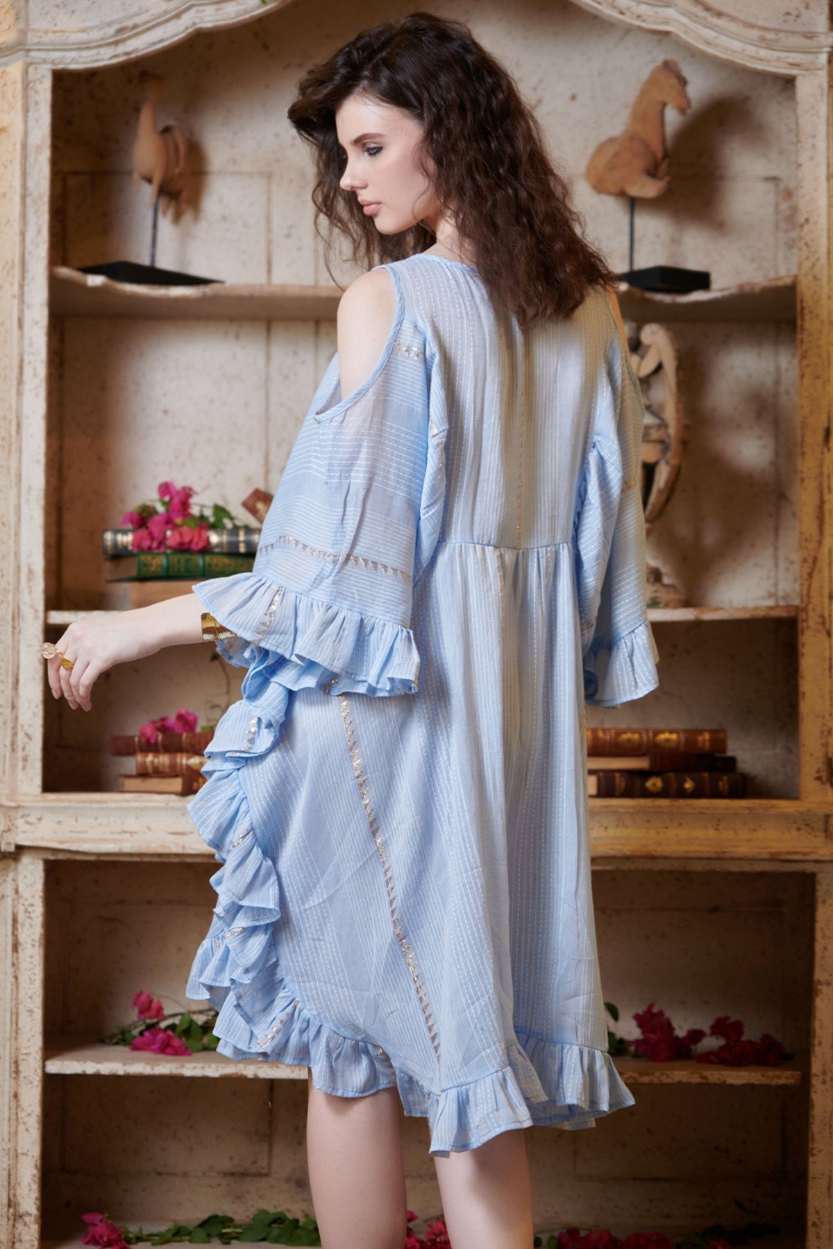 Pastel Stripe Cold Shoulder Mini Kaftan