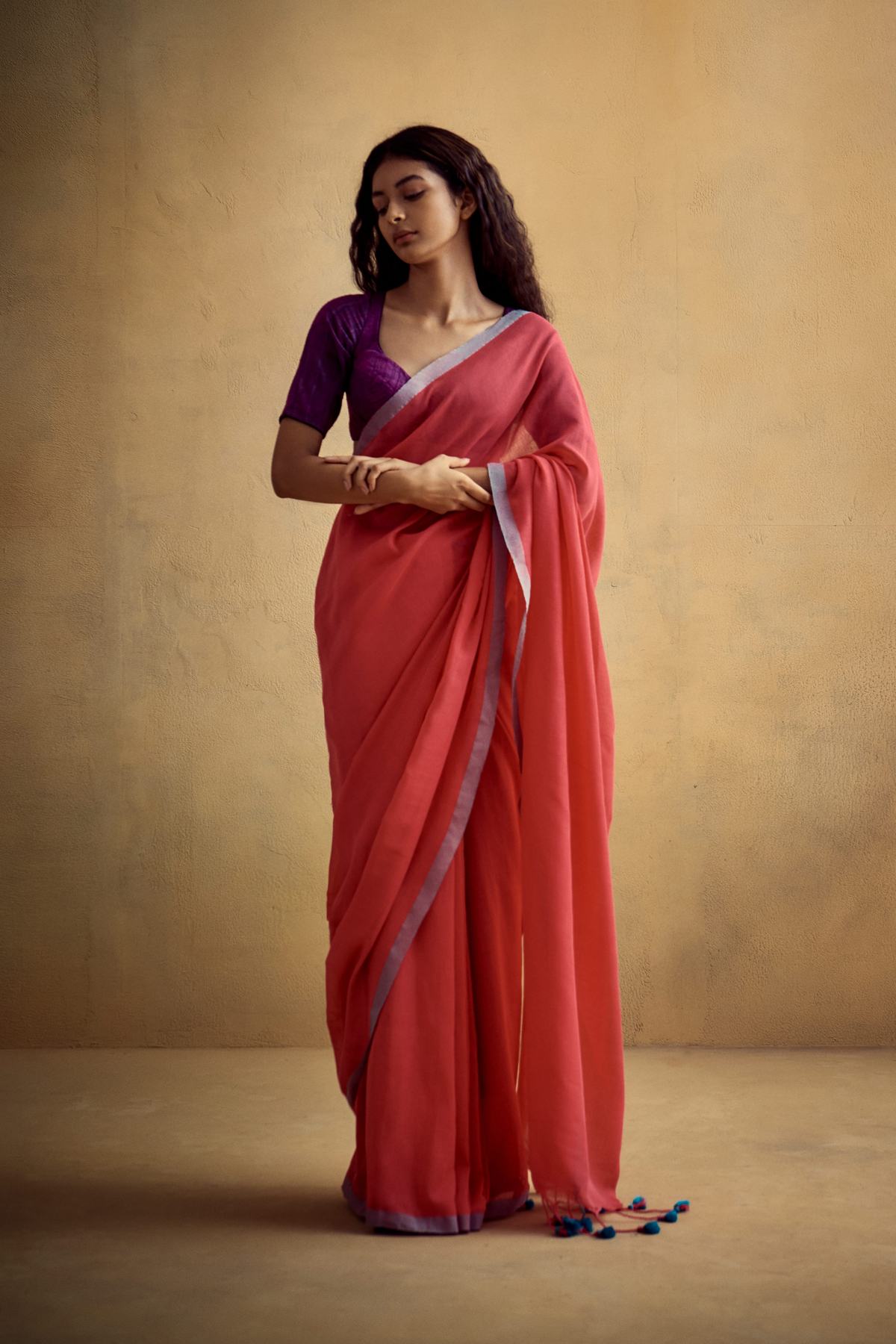 Red Khadi Cotton Saree With Grey Border