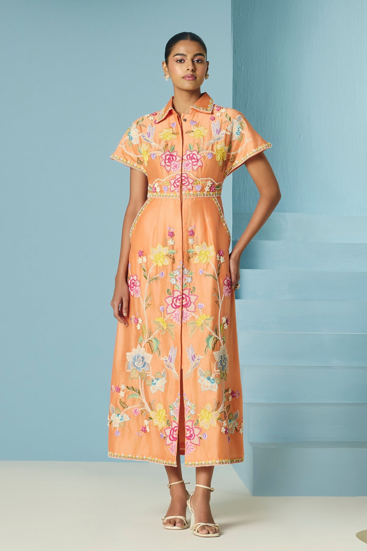 Orange Embroidered Shirt Dress