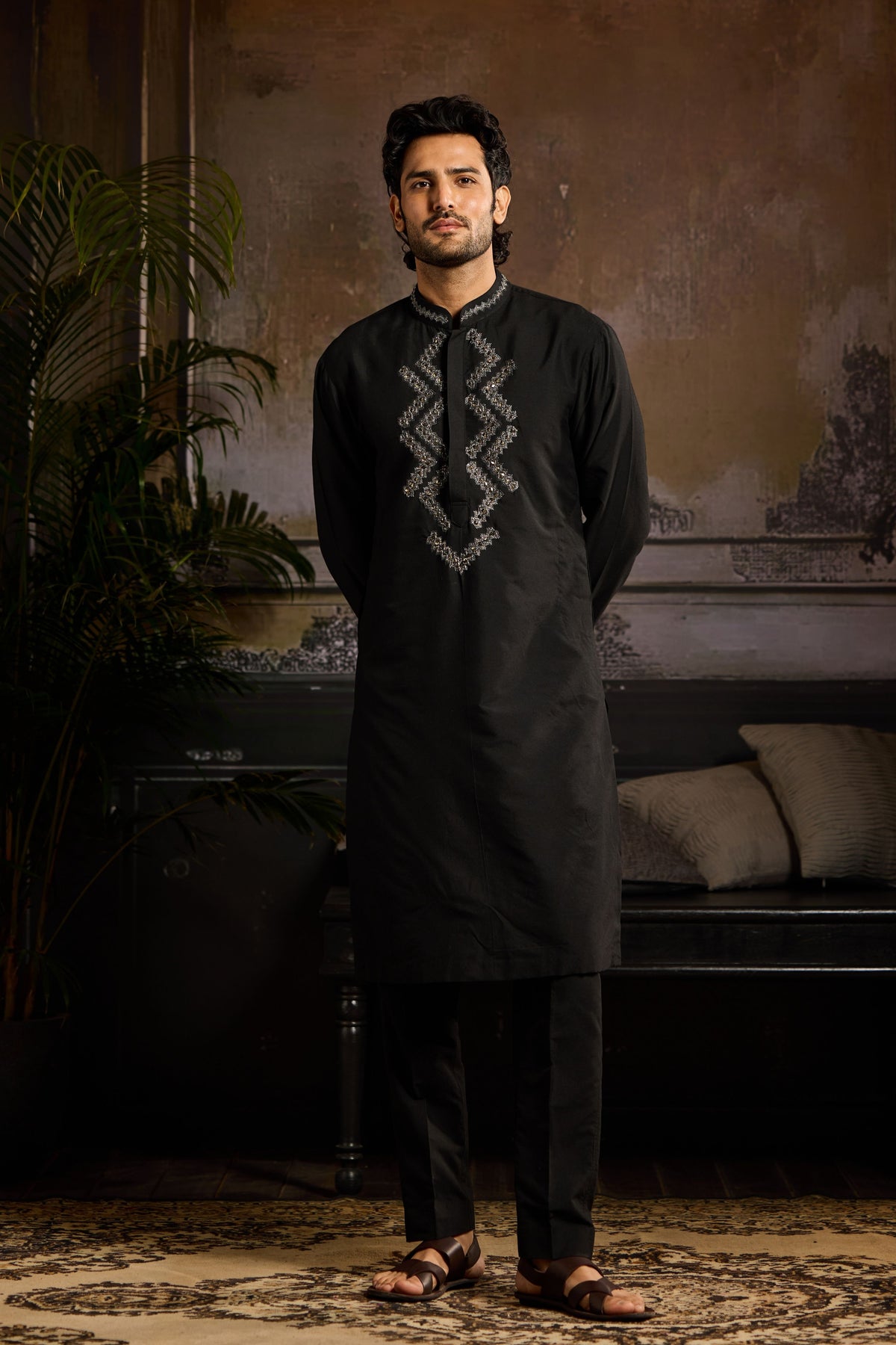 Black Gunmetal Embroidered Kurta set