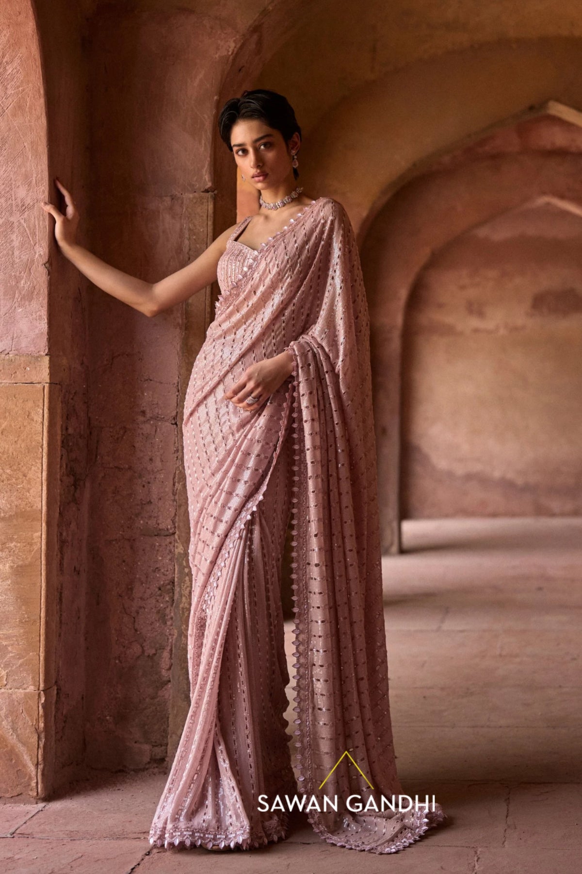 Dusky Pink Cutwork Saree Set