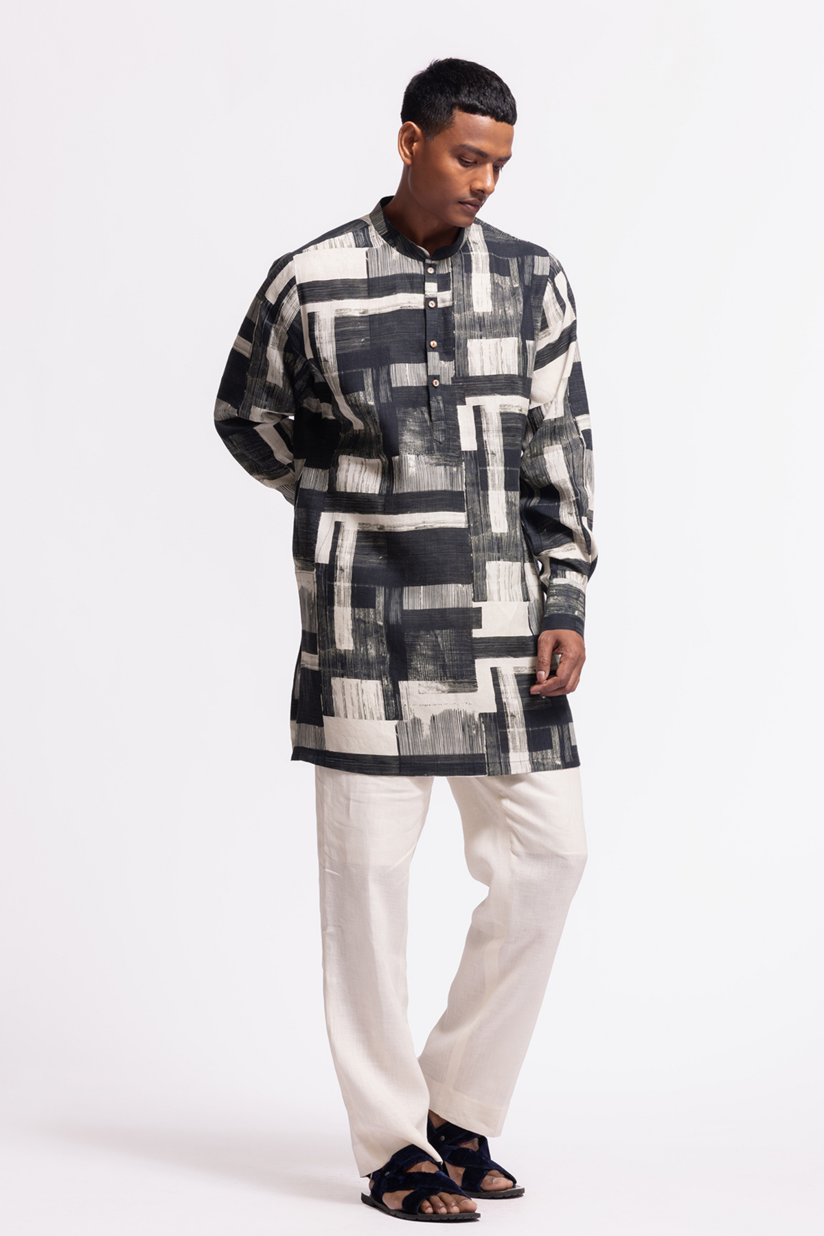 Black &amp; White Linen Short Kurta