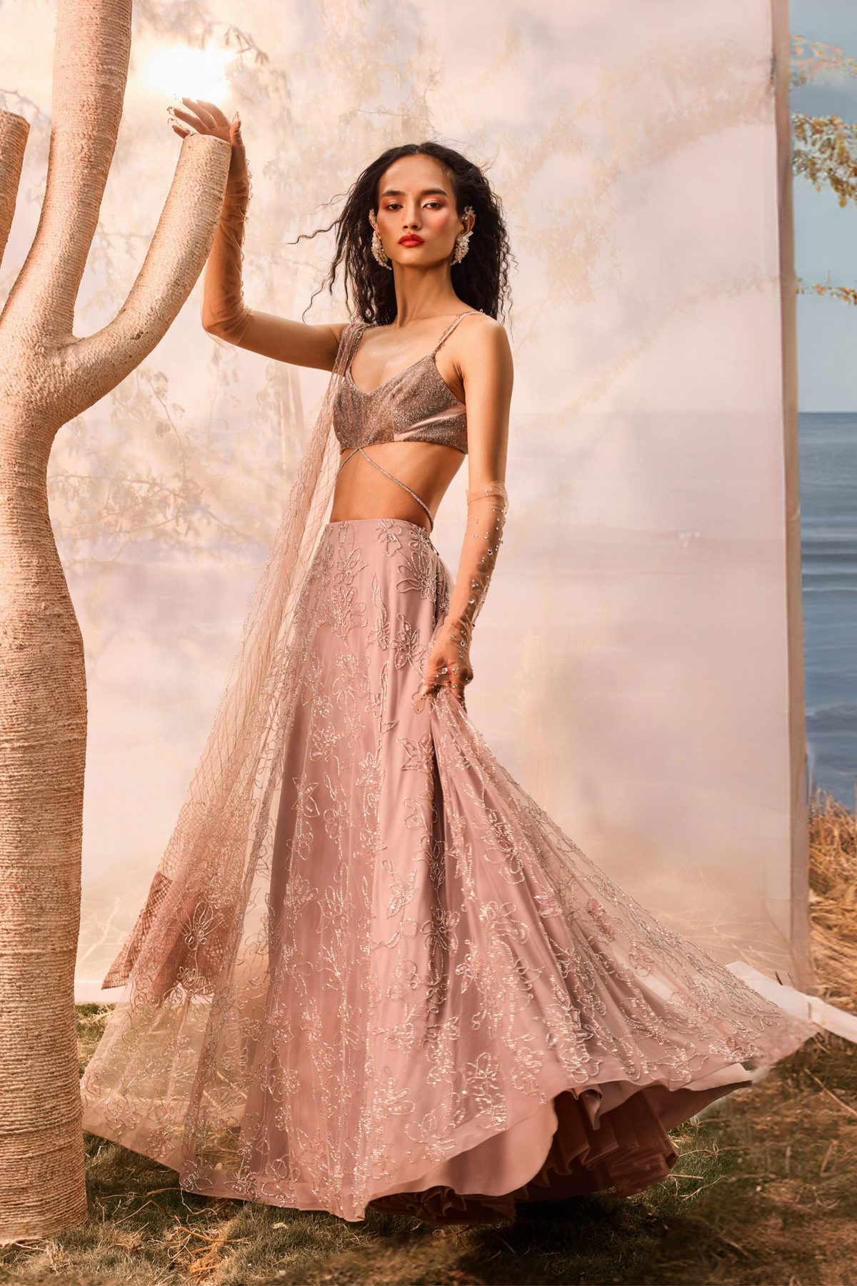 Burnt Pink Embroidered Lehenga Set