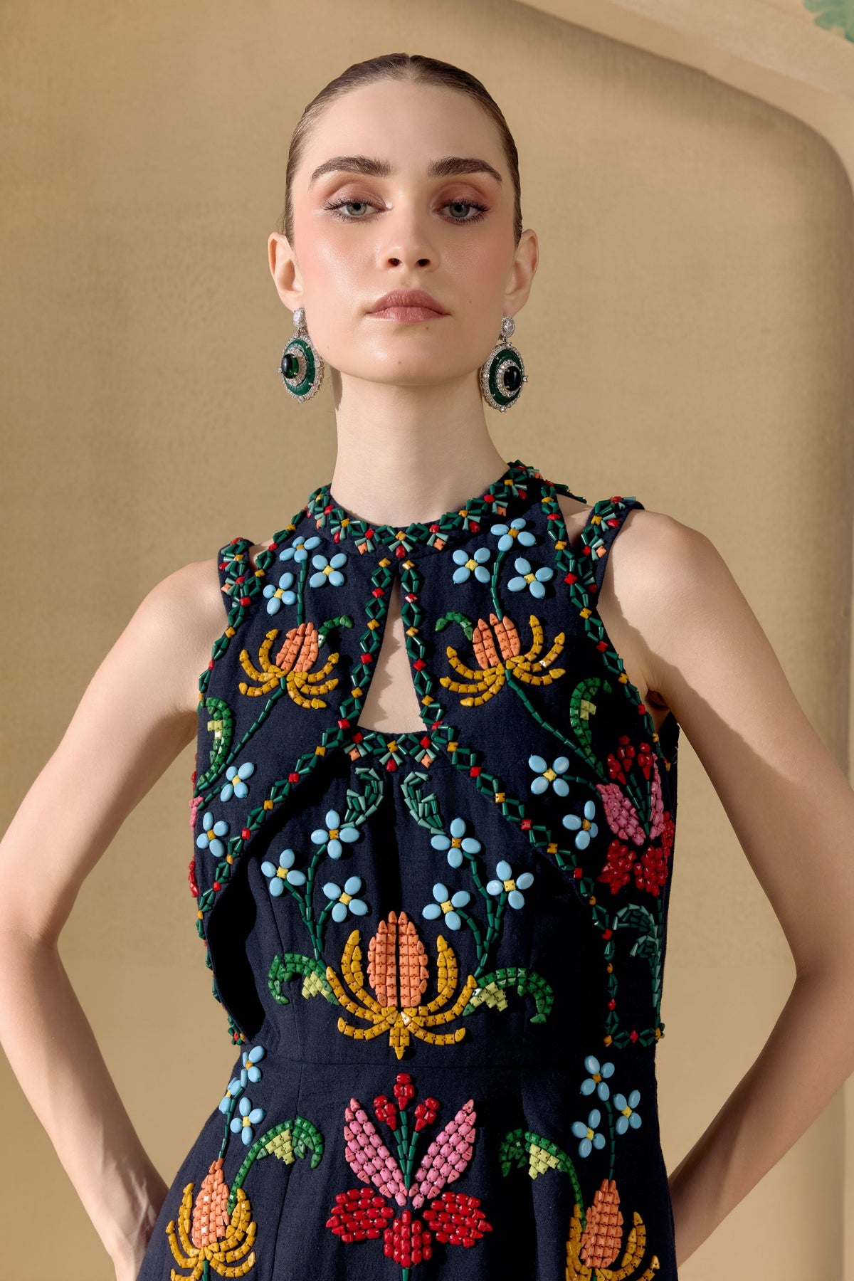Black Mosaic Beadwork Cutout Dress