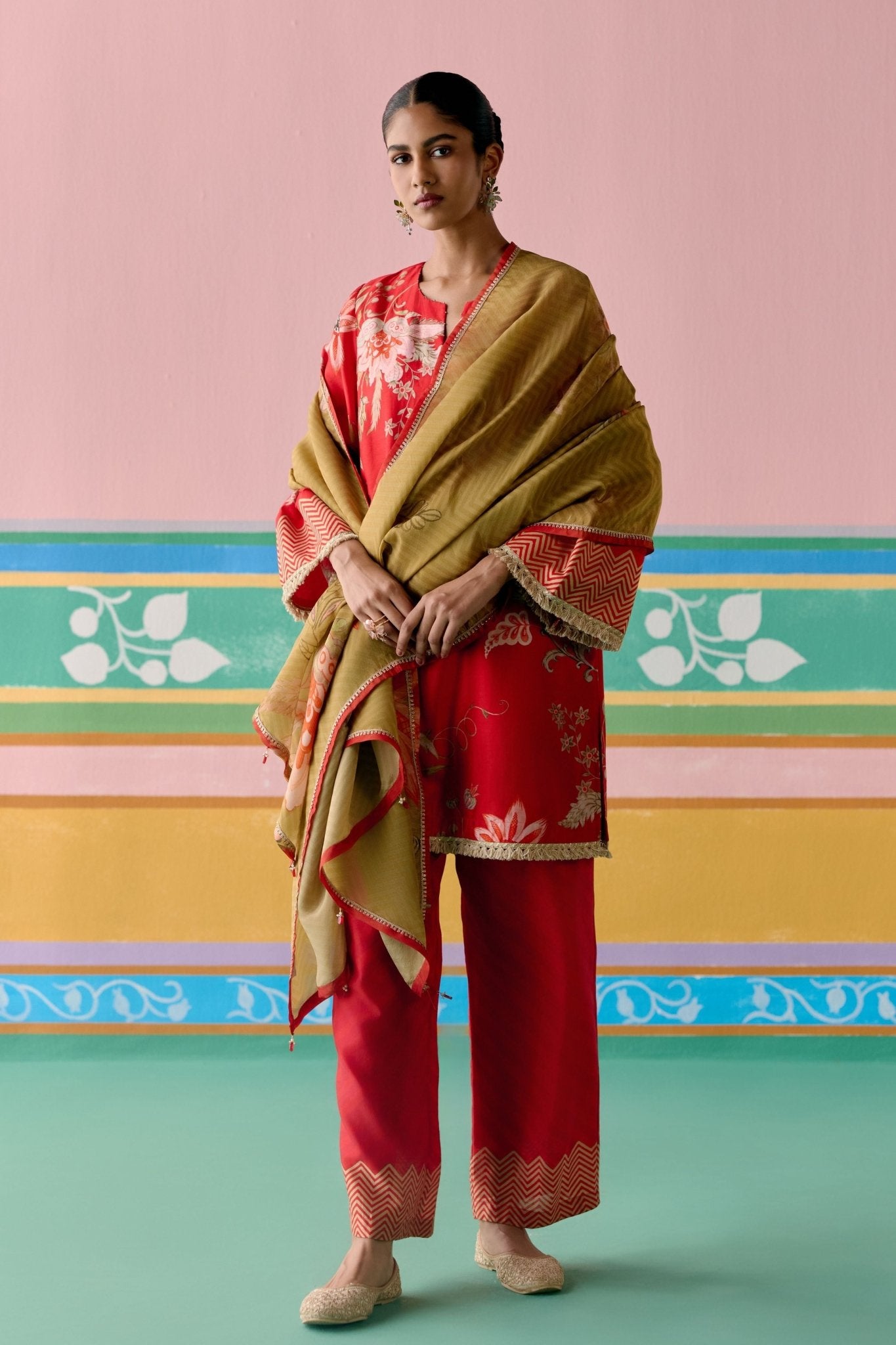 Red Chintz Kurta Set - Label Mogra - Elahe