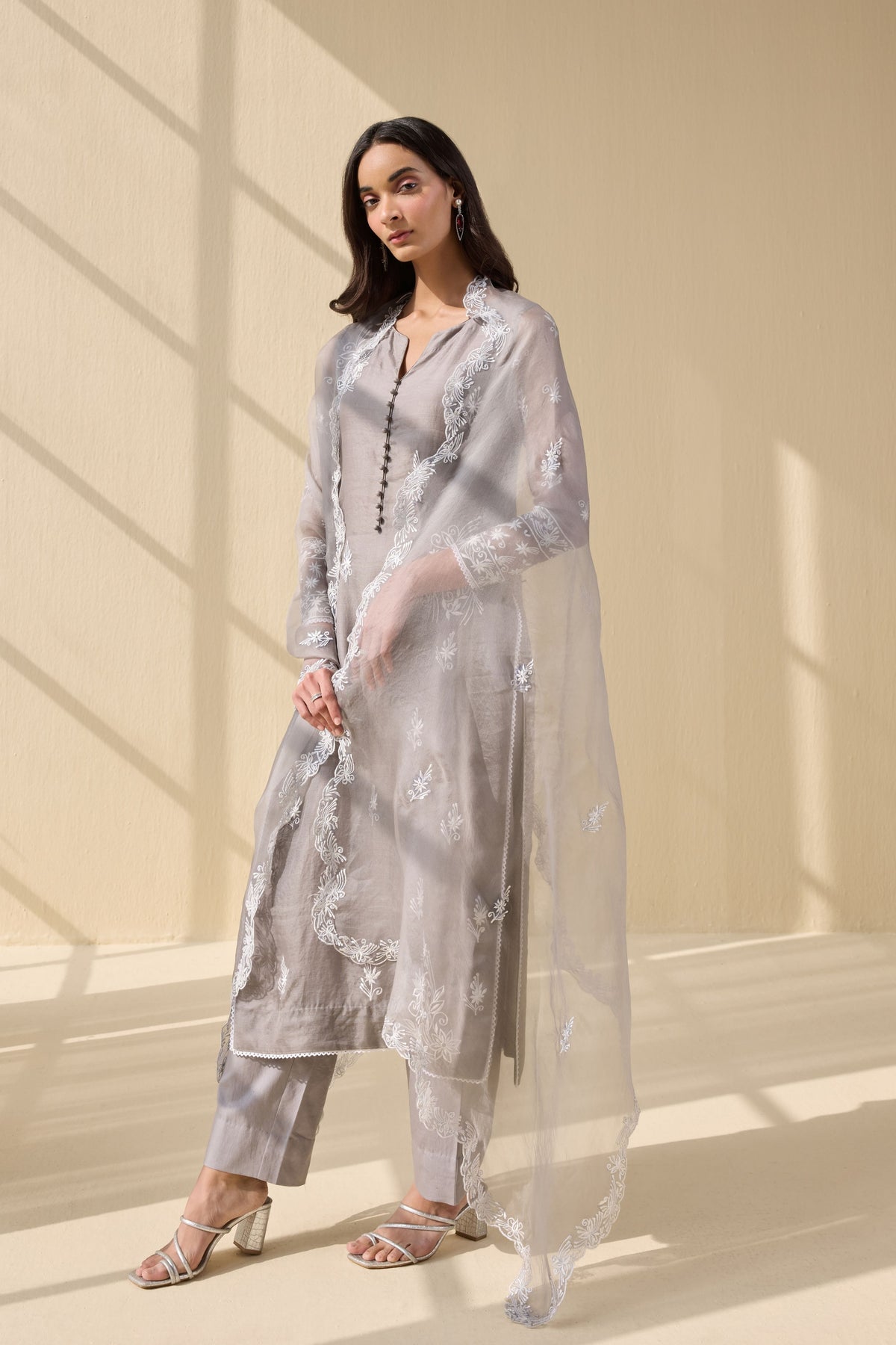 Grey Embroidered Organza Suit