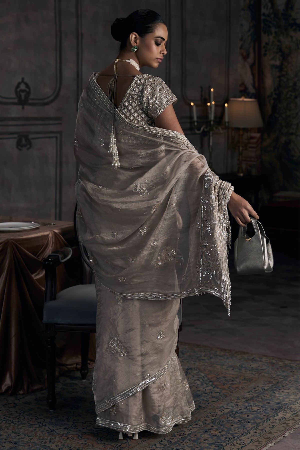 Silver Dandelion Tissue Saree Set