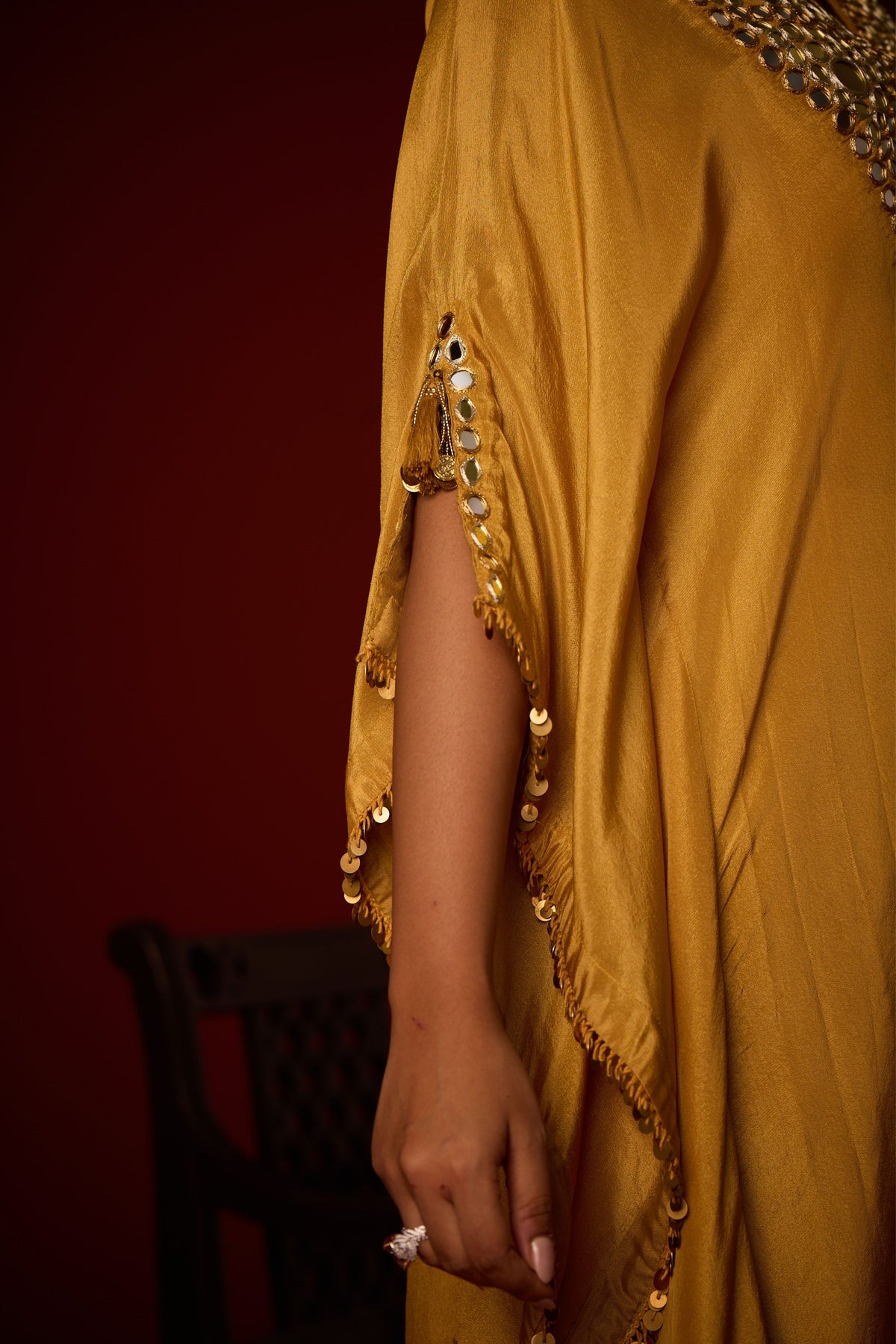 Golden Yellow Mirror Work Kaftan Set