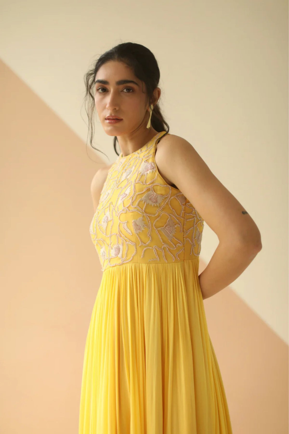 yellow abstract yoke anarkali