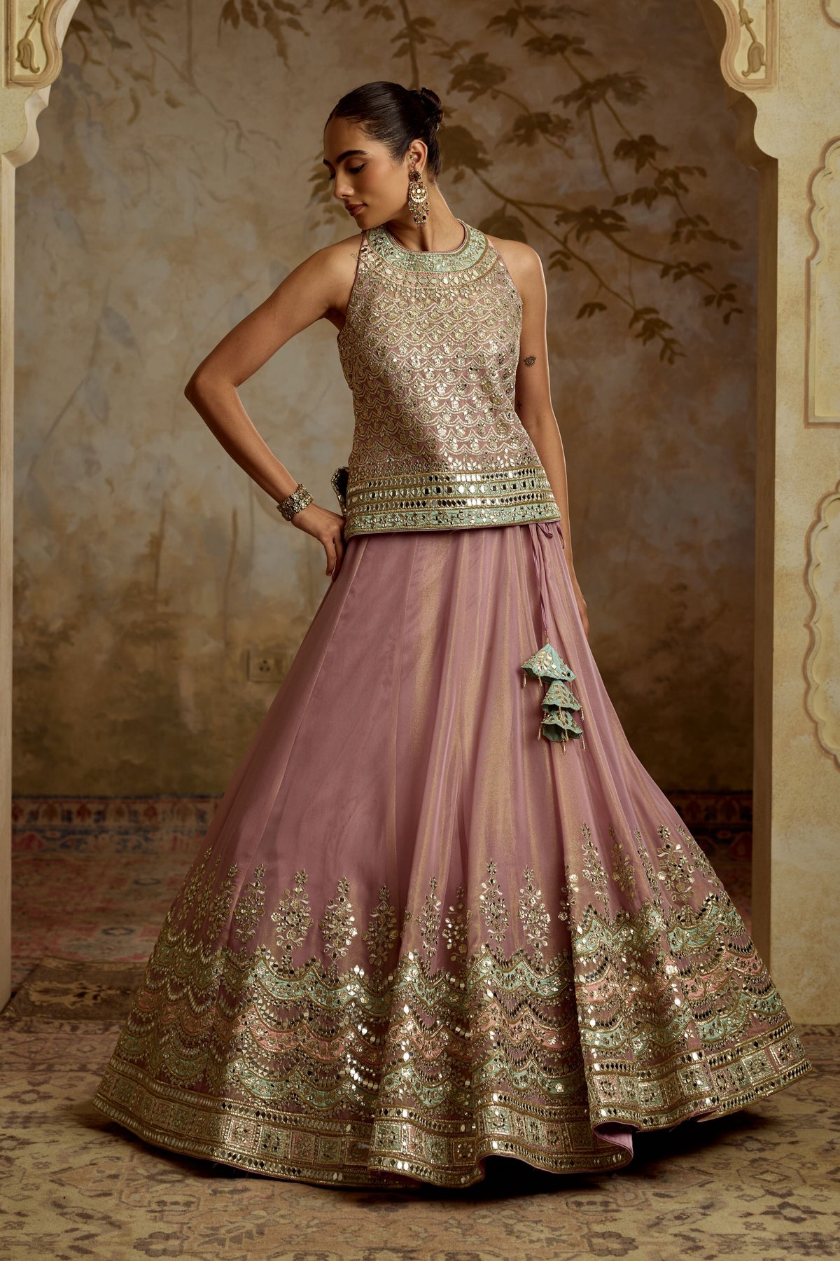 Purple Tissue Kurta Lehenga Set