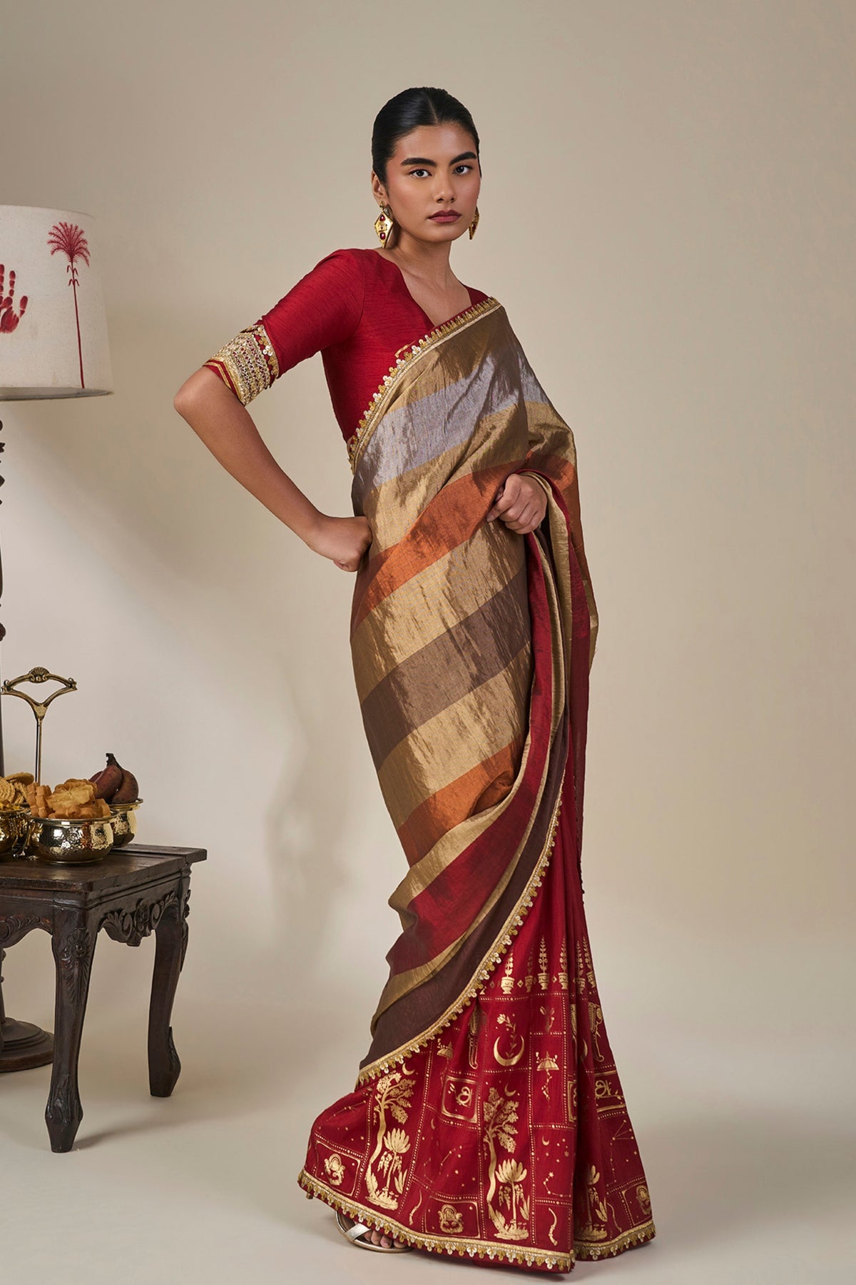 Red Tropical Stardust Saree