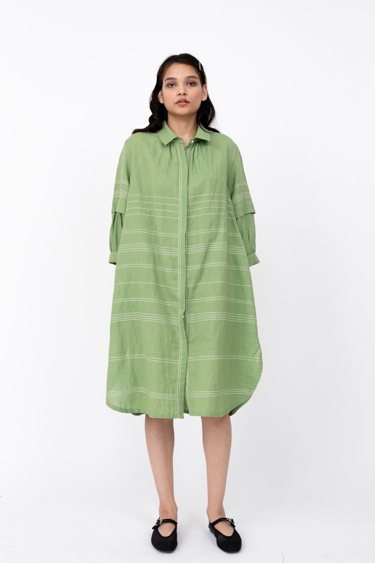 Pleated Fence Green Shirt Dress