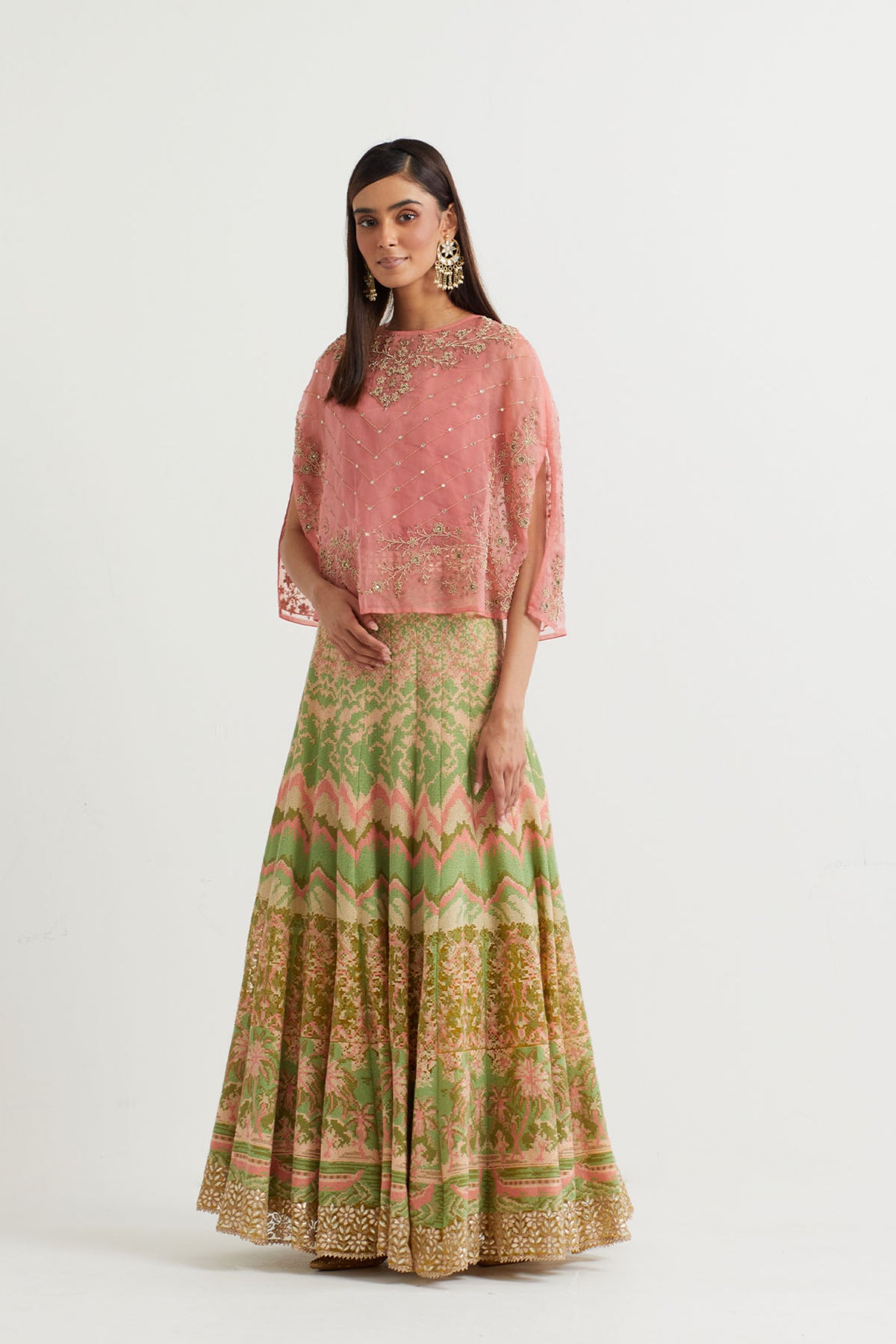 Peach Pink Embroidered Cape Set