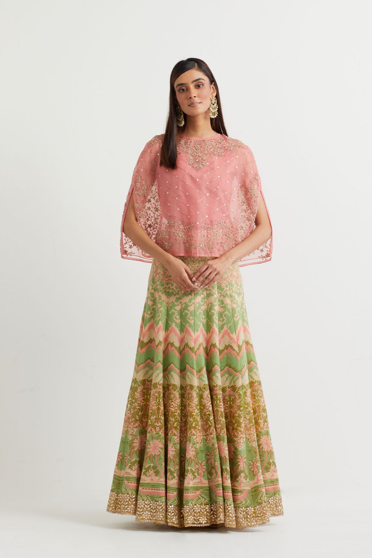 Peach Pink Embroidered Cape Set