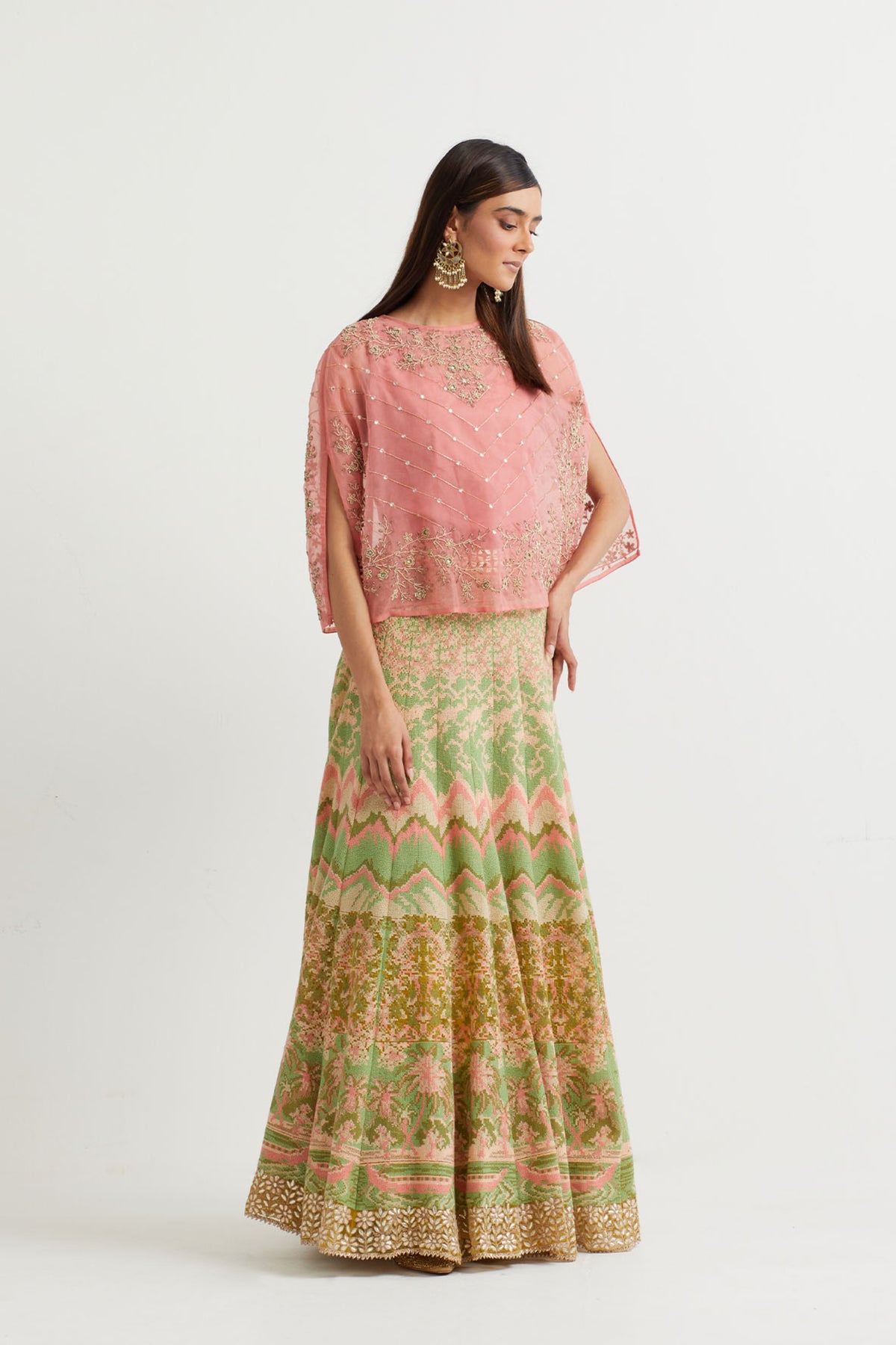 Peach Pink Embroidered Cape Set