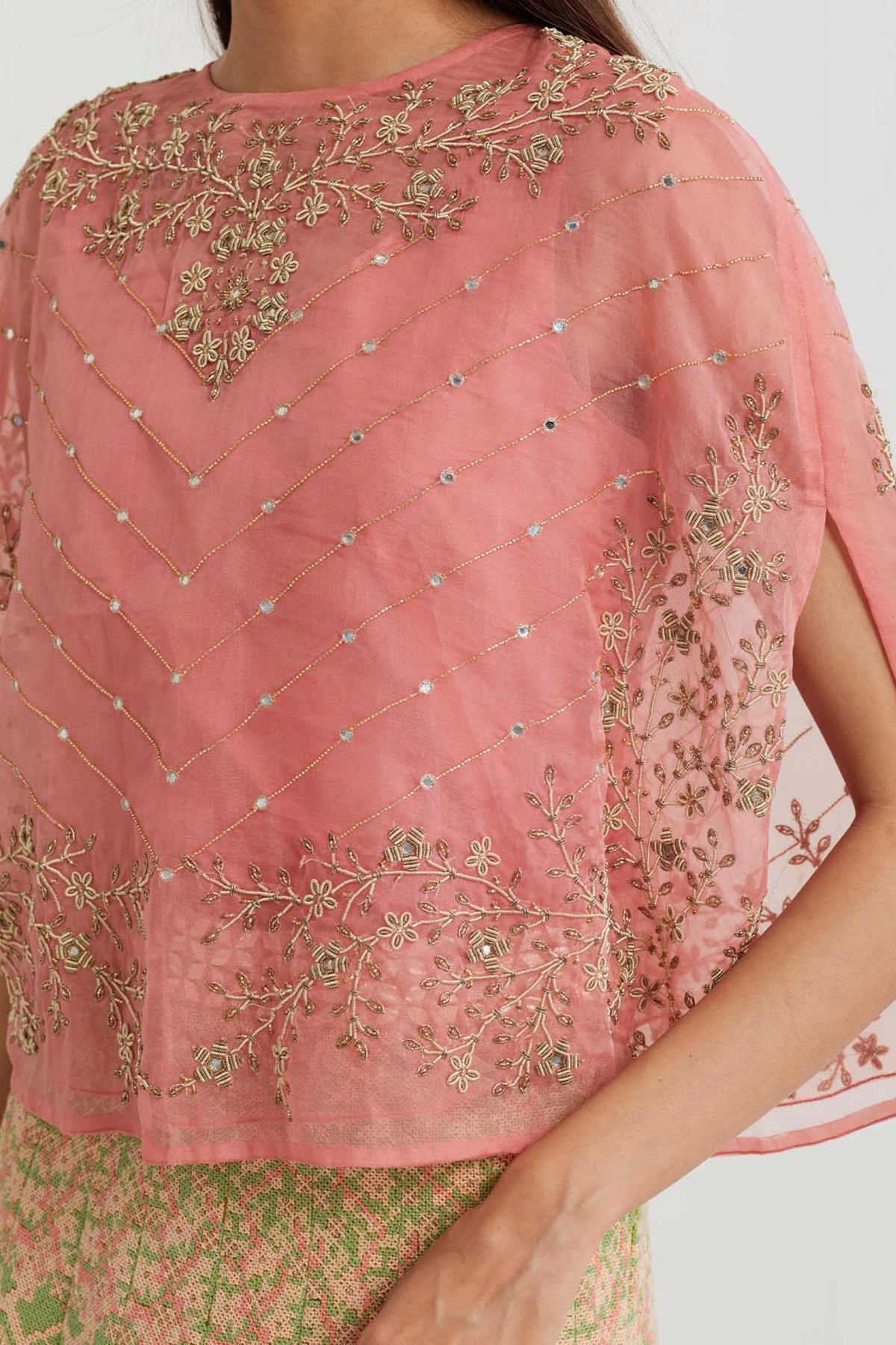 Peach Pink Embroidered Cape Set