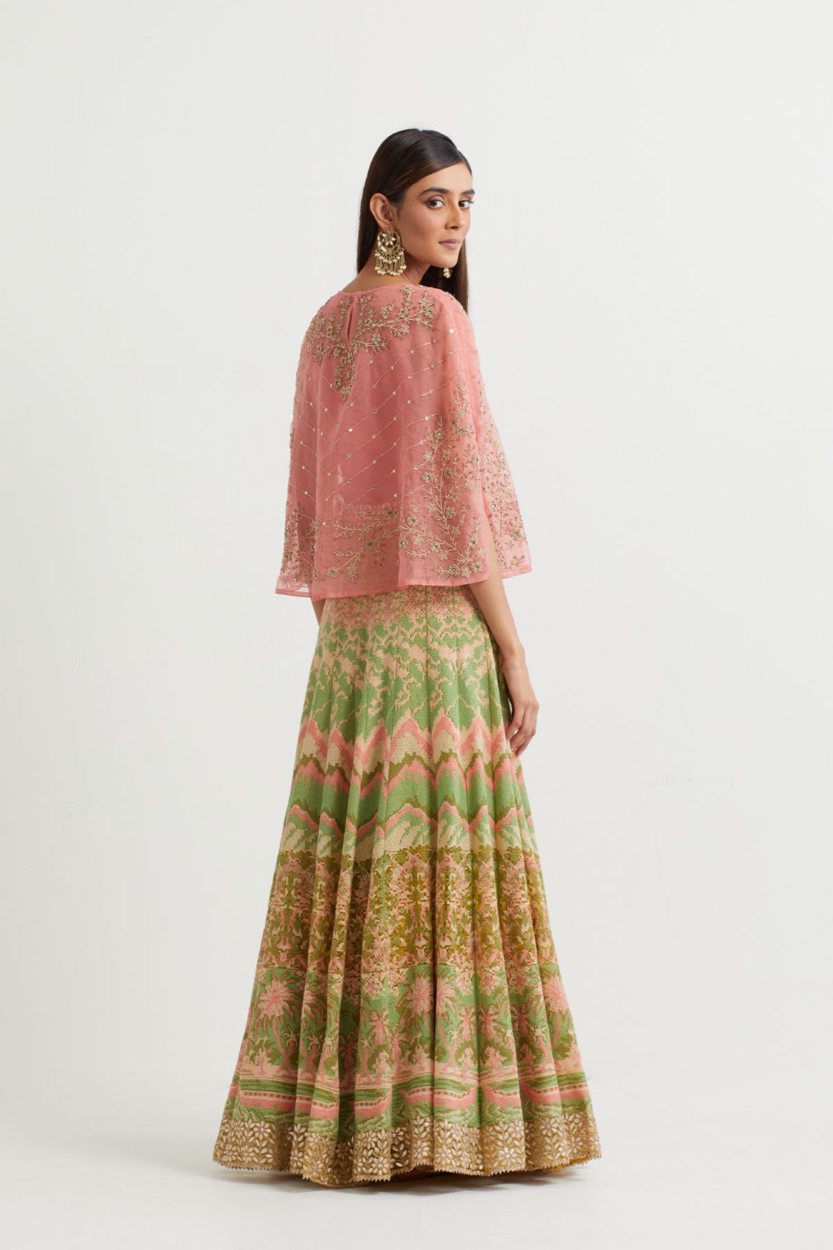 Peach Pink Embroidered Cape Set
