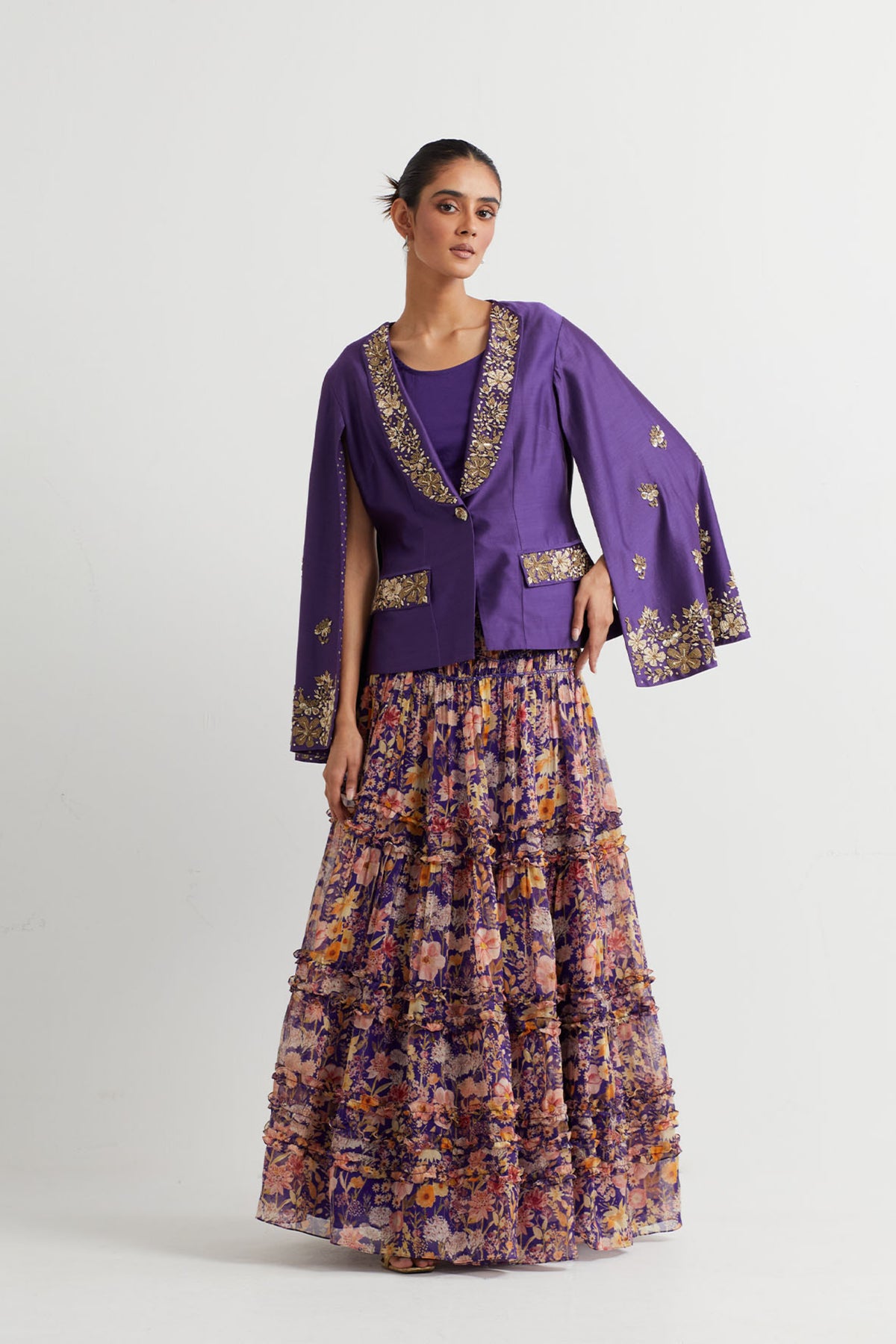 Printed Purple Embroidered Jacket Set