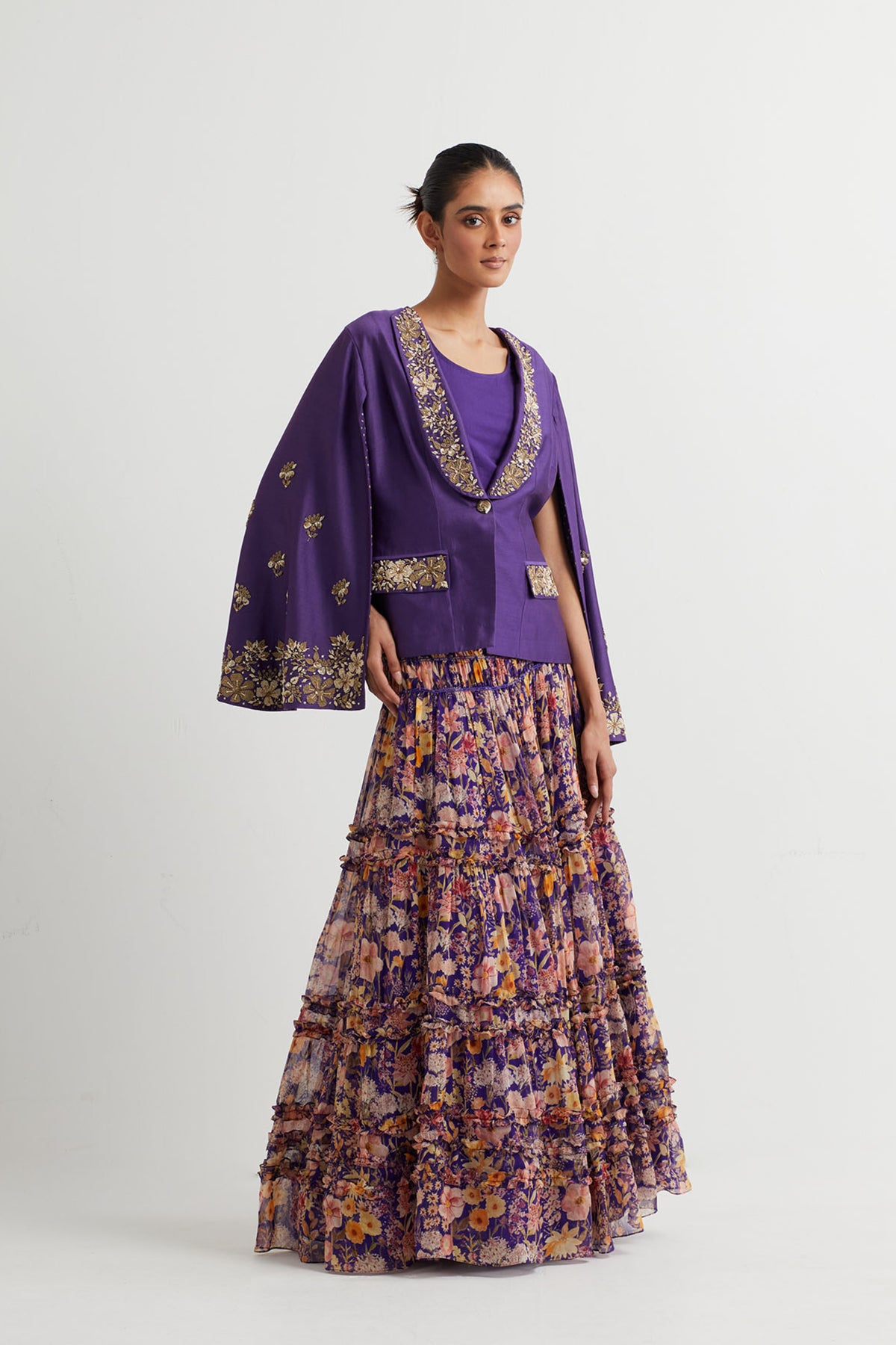 Printed Purple Embroidered Jacket Set