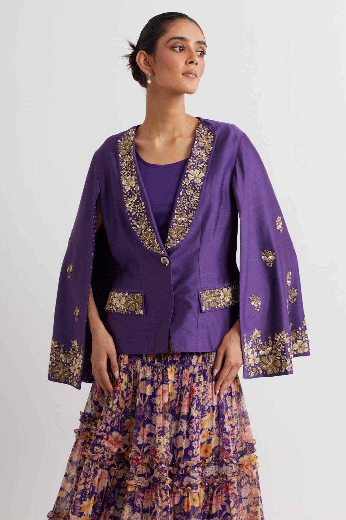 Printed Purple Embroidered Jacket Set