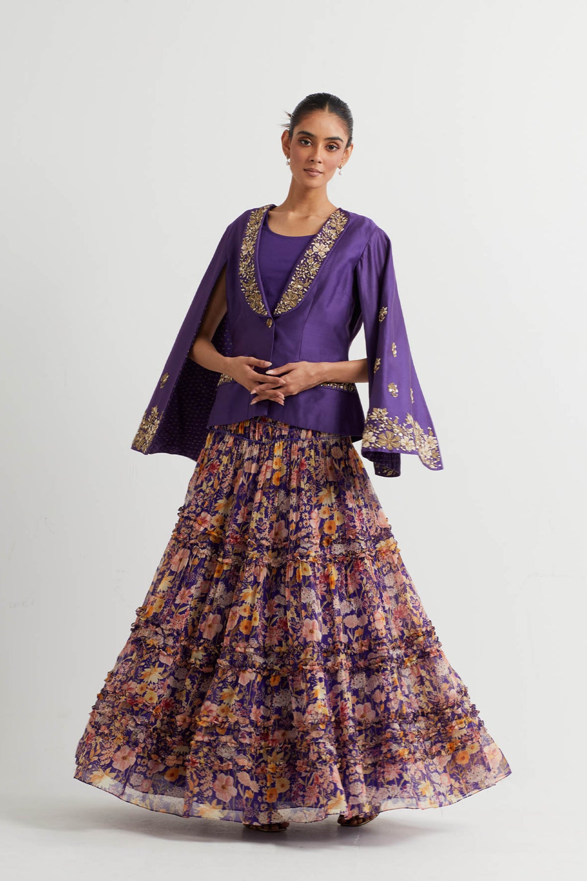 Printed Purple Embroidered Jacket Set