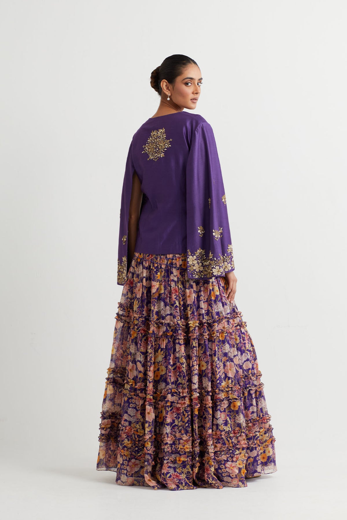 Printed Purple Embroidered Jacket Set