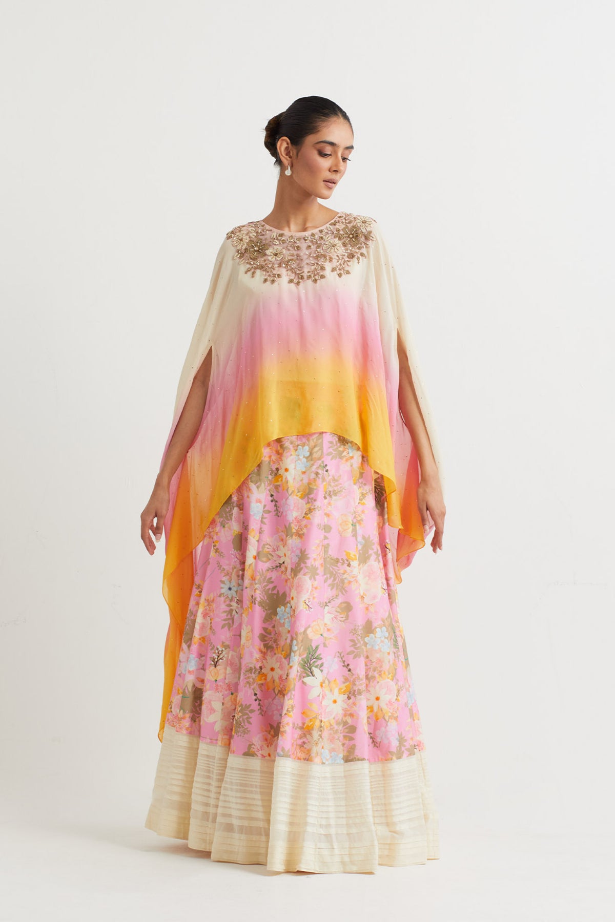 Printed Pink Embroidered Cape Set