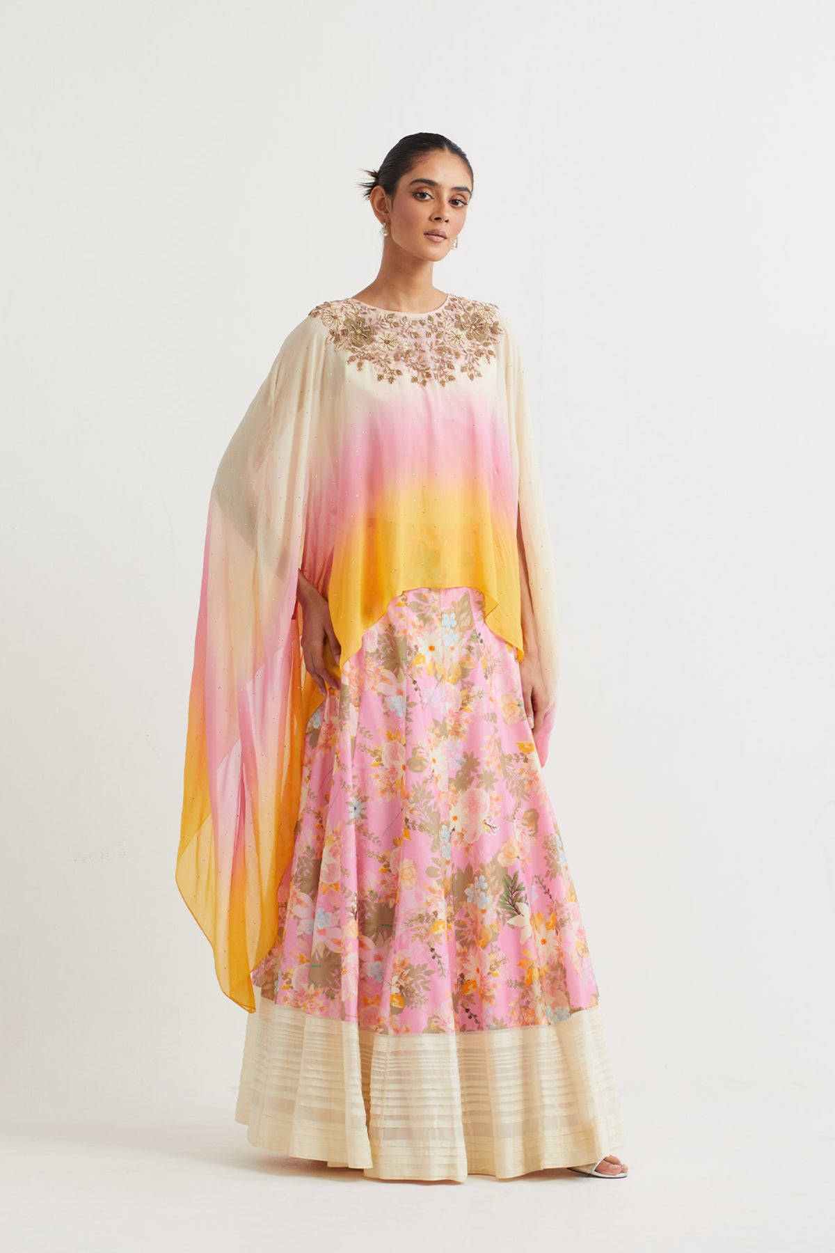 Printed Pink Embroidered Cape Set