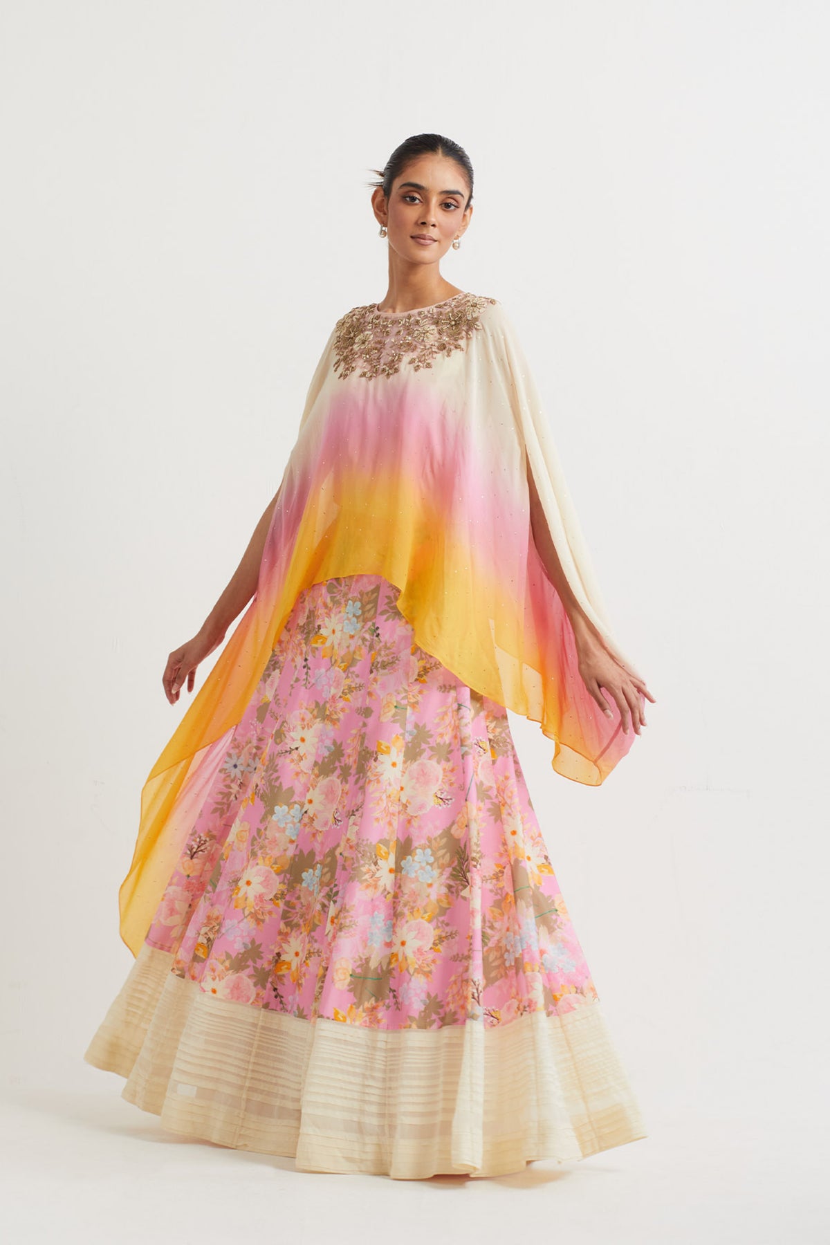 Printed Pink Embroidered Cape Set
